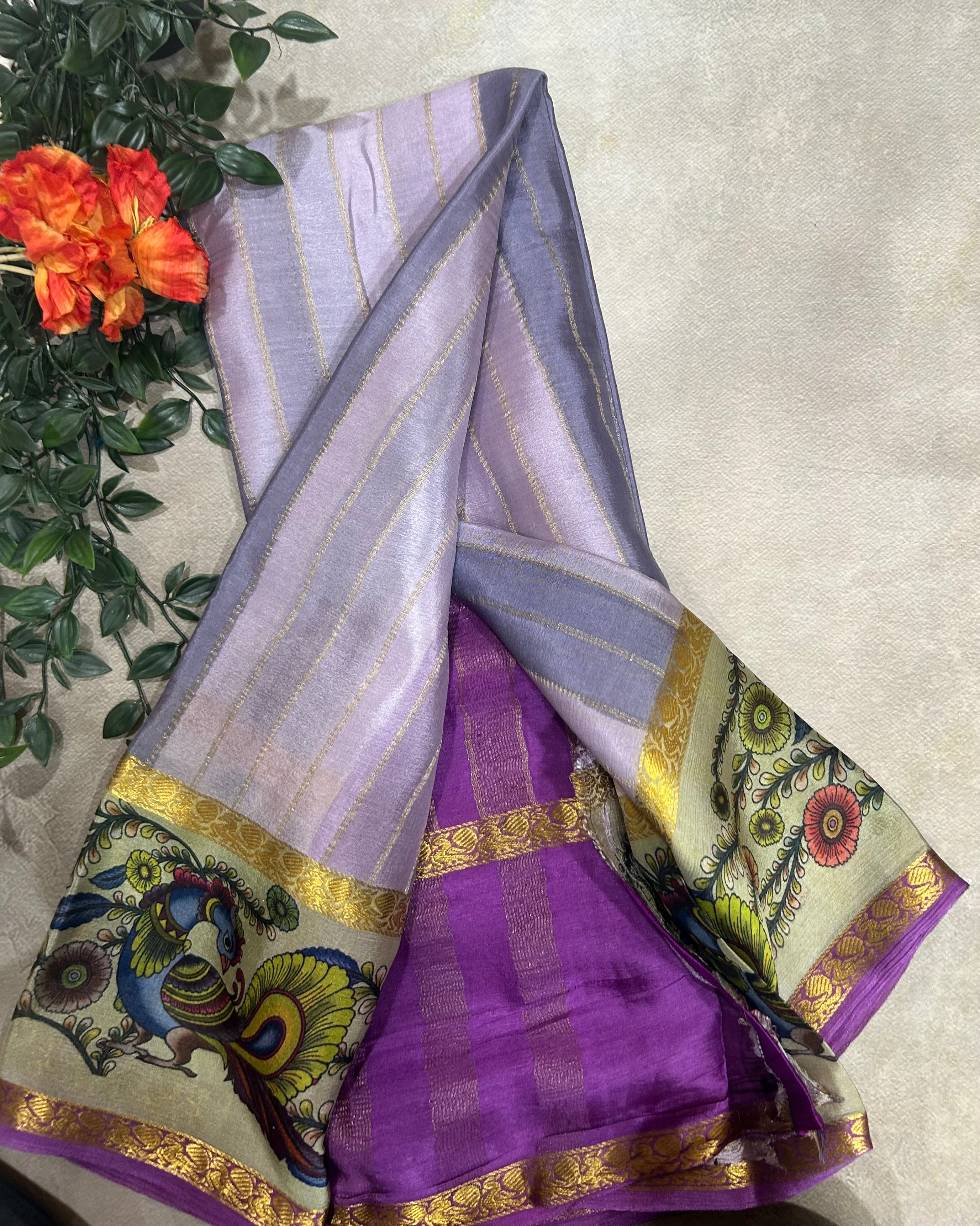 Rankart kalamkari border pure wrinkle 103 crepe silk saree