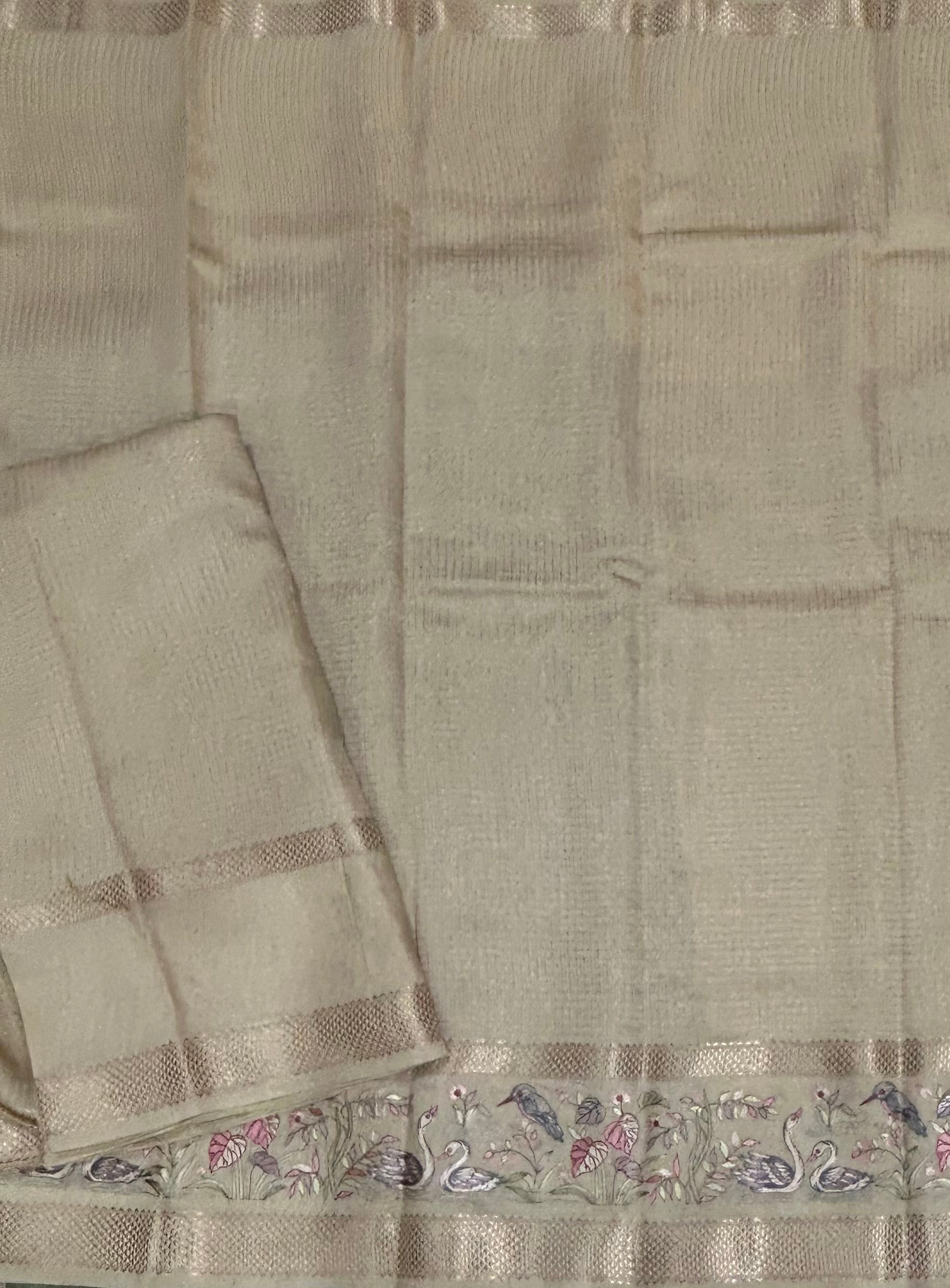 Beige-2 checks embrodiery butta border soft tussar crepe 104 saree
