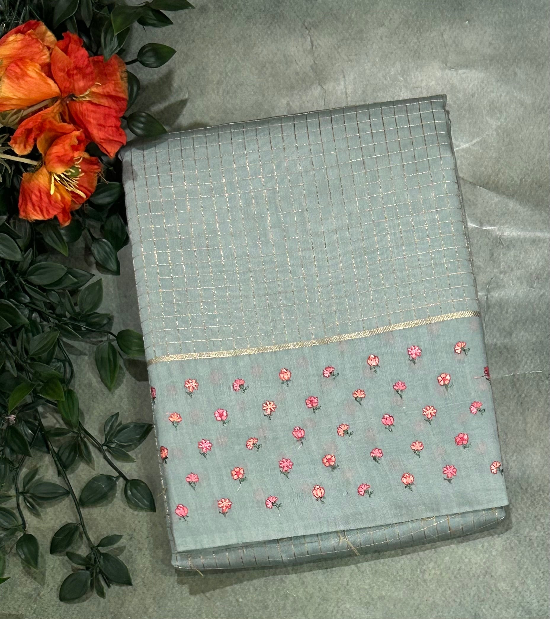 Pastel blue checks embrodiery butta border soft tussar crepe 104 saree