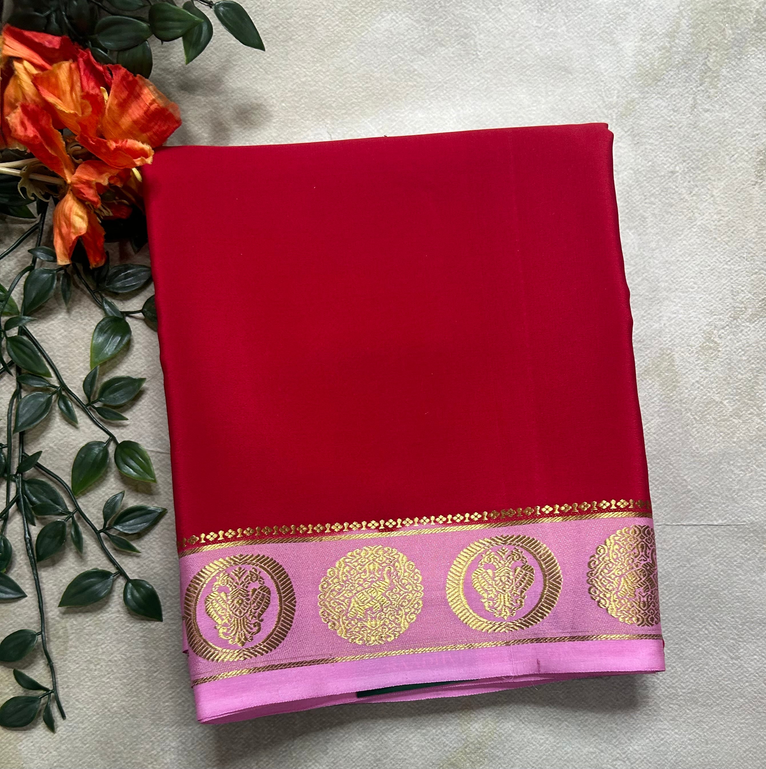 Red n pastel pink pure Mysore silk 104 saree