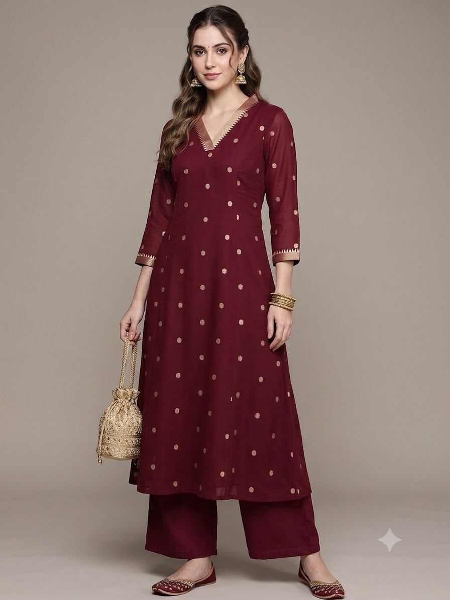 Maroon Pure Cotton A Line Kurtha 721