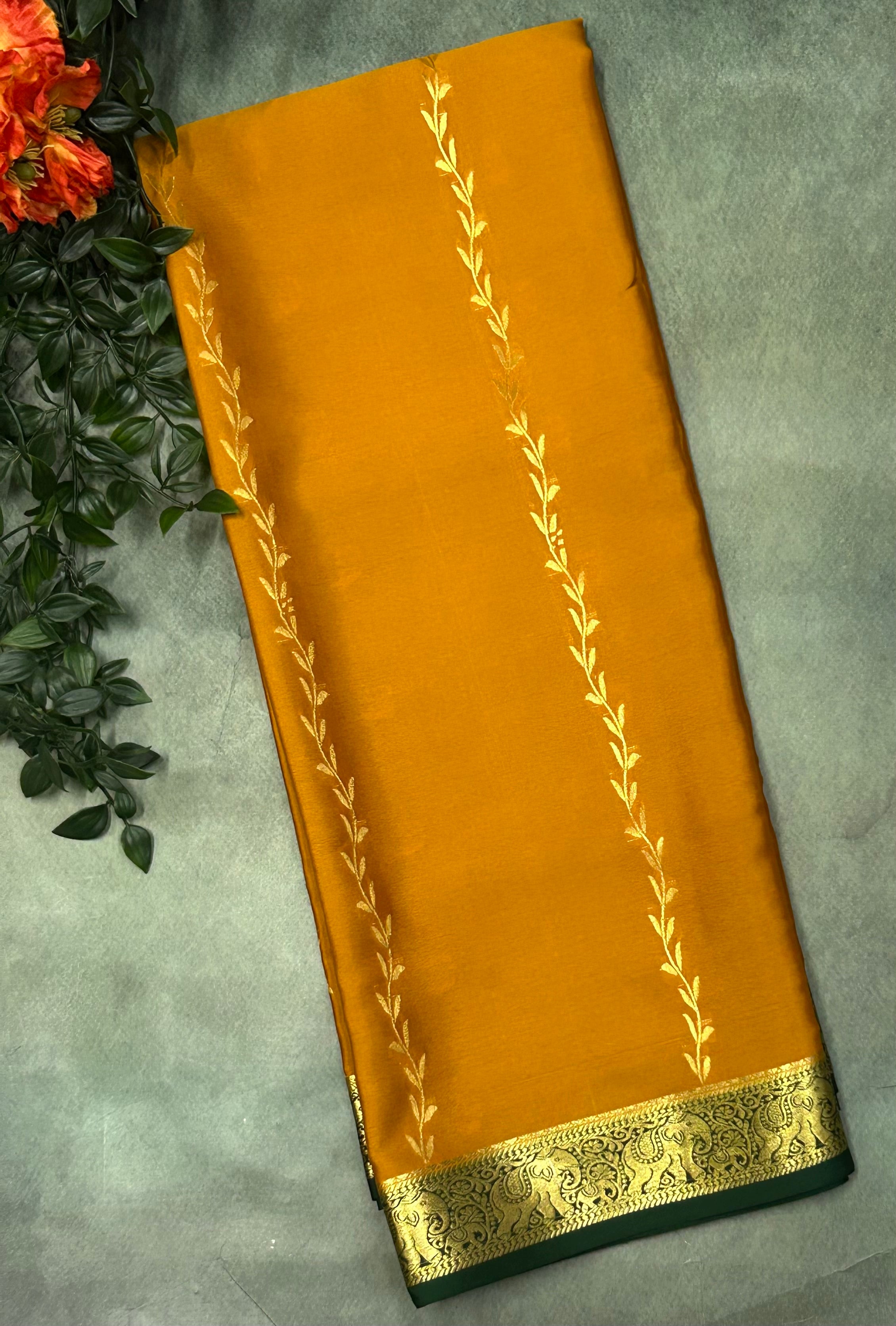 Orange n Rani pink partly pallu Pure Mysore silk crepe 103 Saree (Copy)