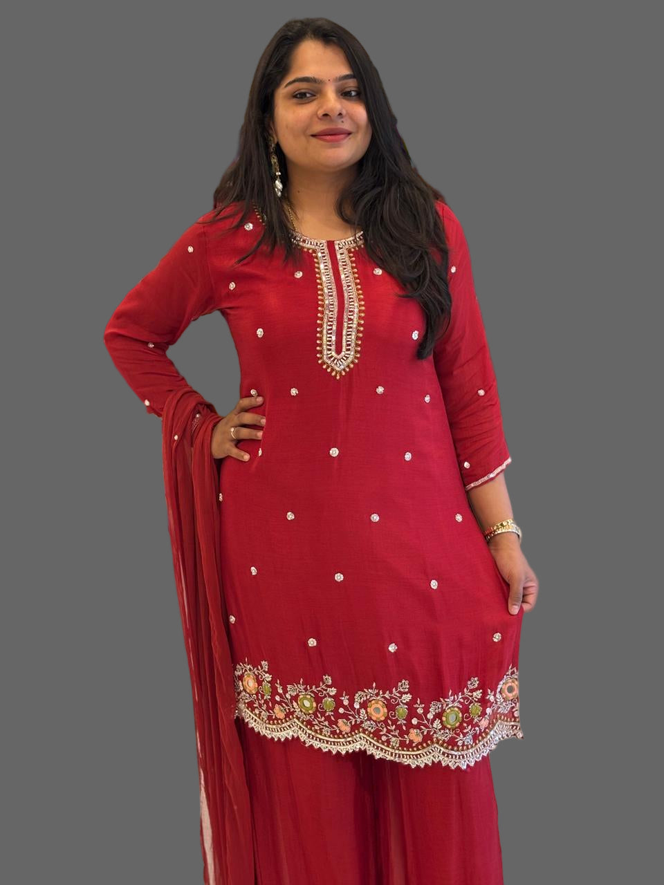 Red Chinnon Hand Embroidery Sharara Kurtha 301