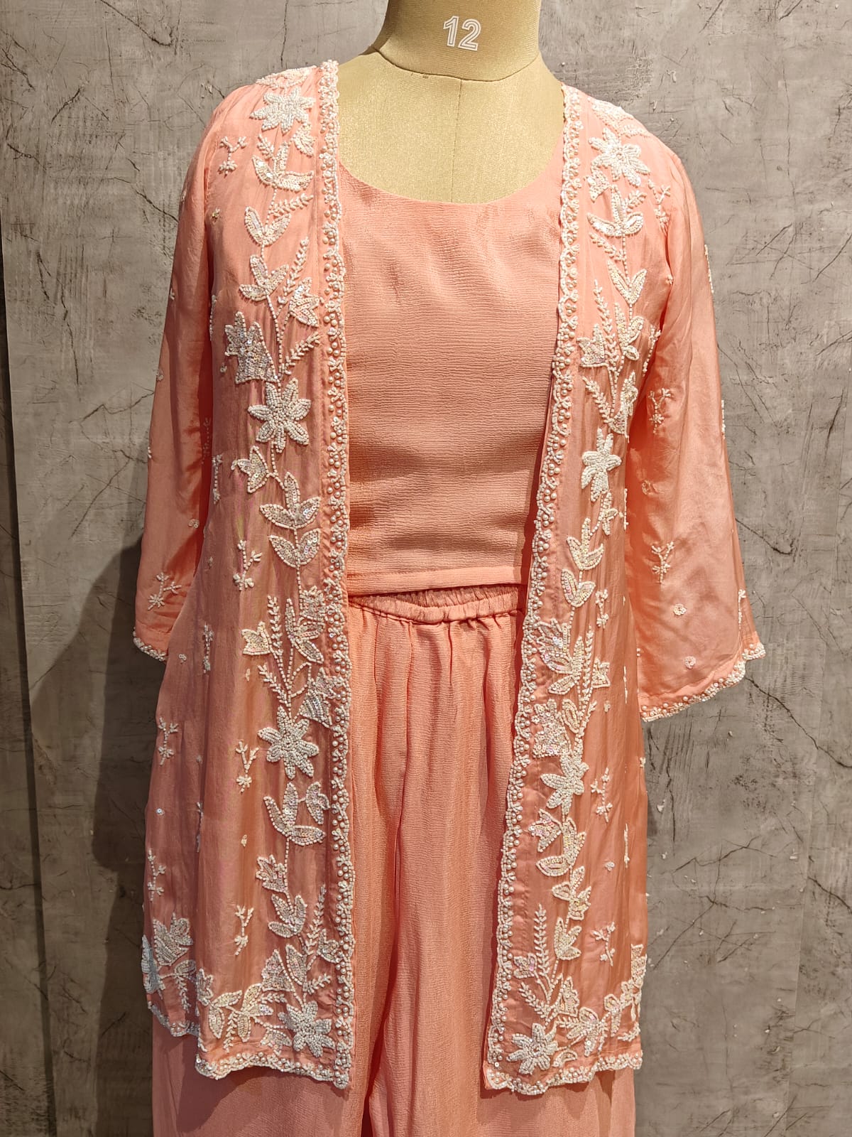 "PARI" Peach Designer Kurtha 43 Set with pearl handwork   Top, Palazoo and Jacket Indo-western cape