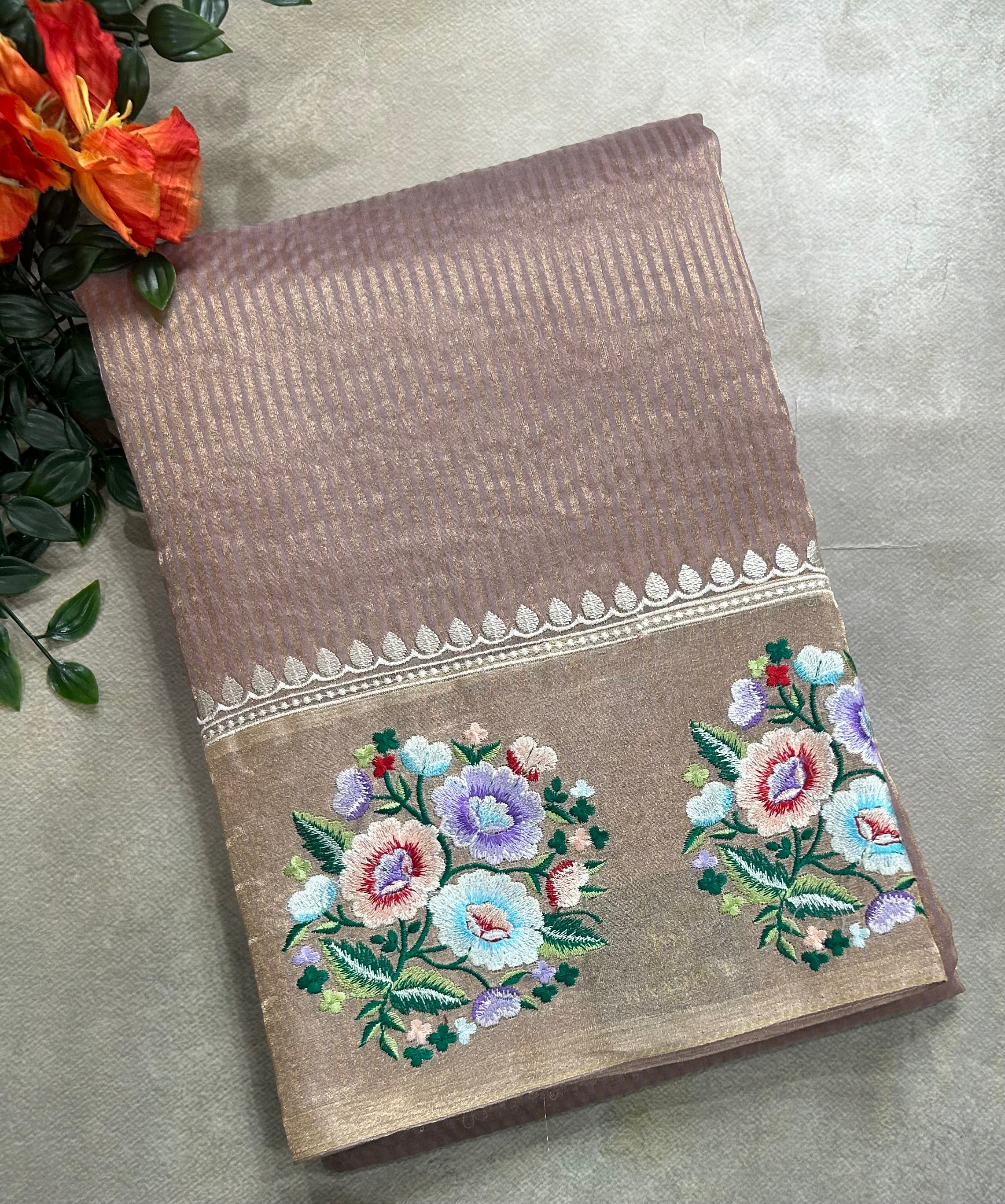 Rose gold stripes floral embroidery work pure organza 105 saree