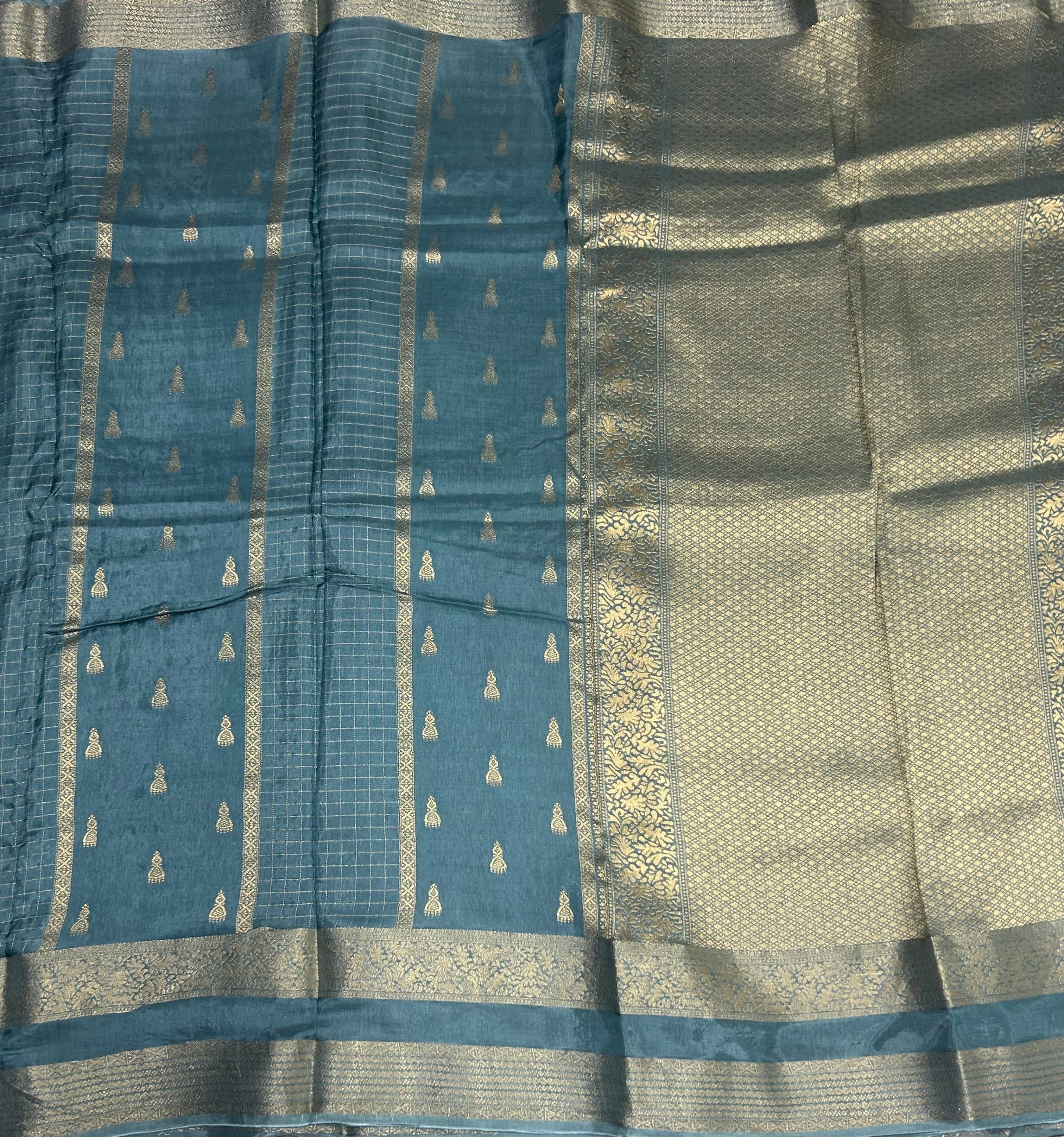 Light blue jumka n checks semi silk saree