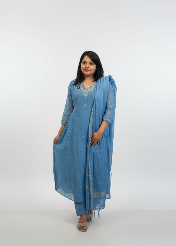 Blue  Mul Chanderi Anarkali Handwork Kurtha 127