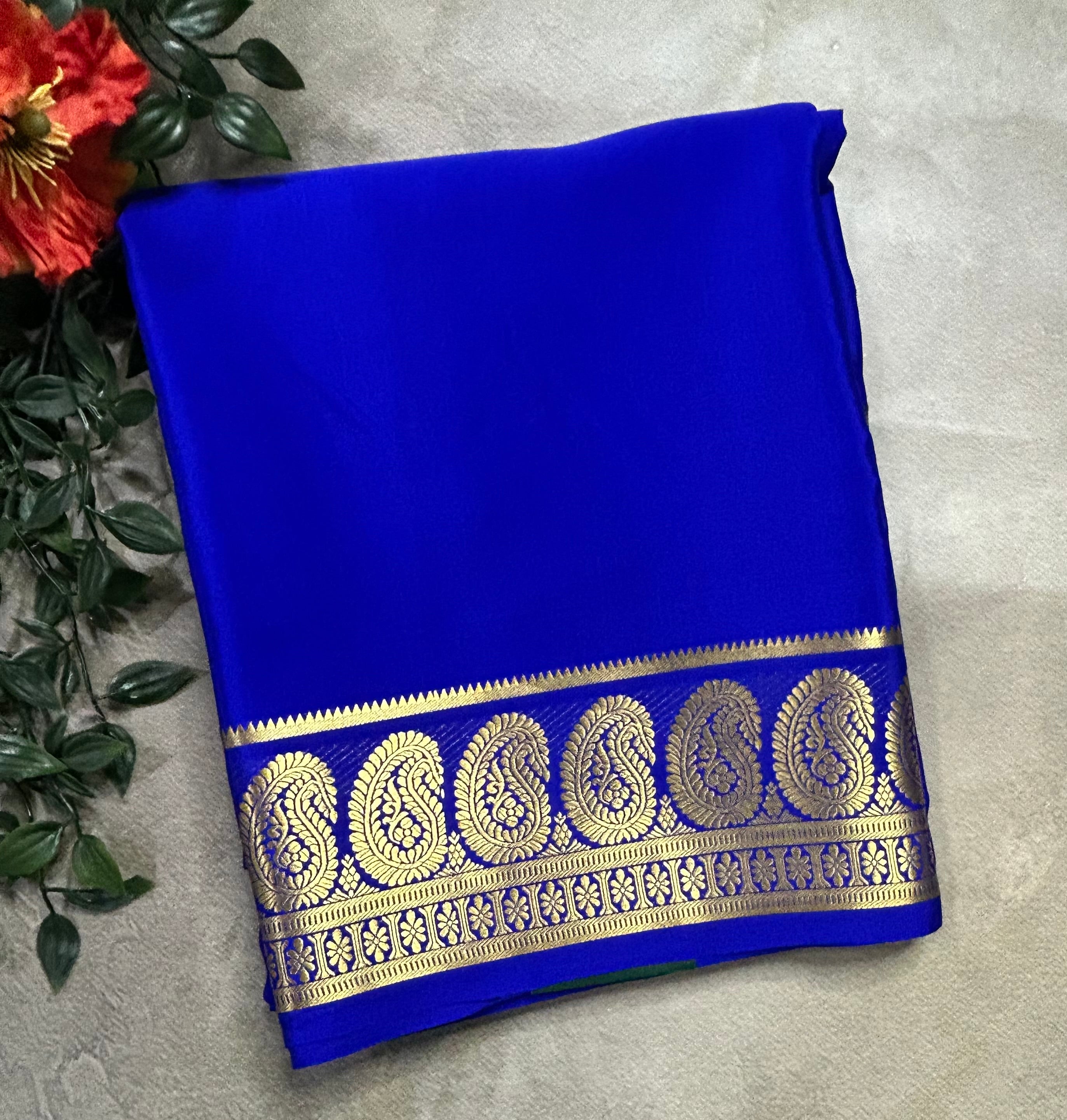 Royal blue plain mango border pure Mysore silk 105 saree