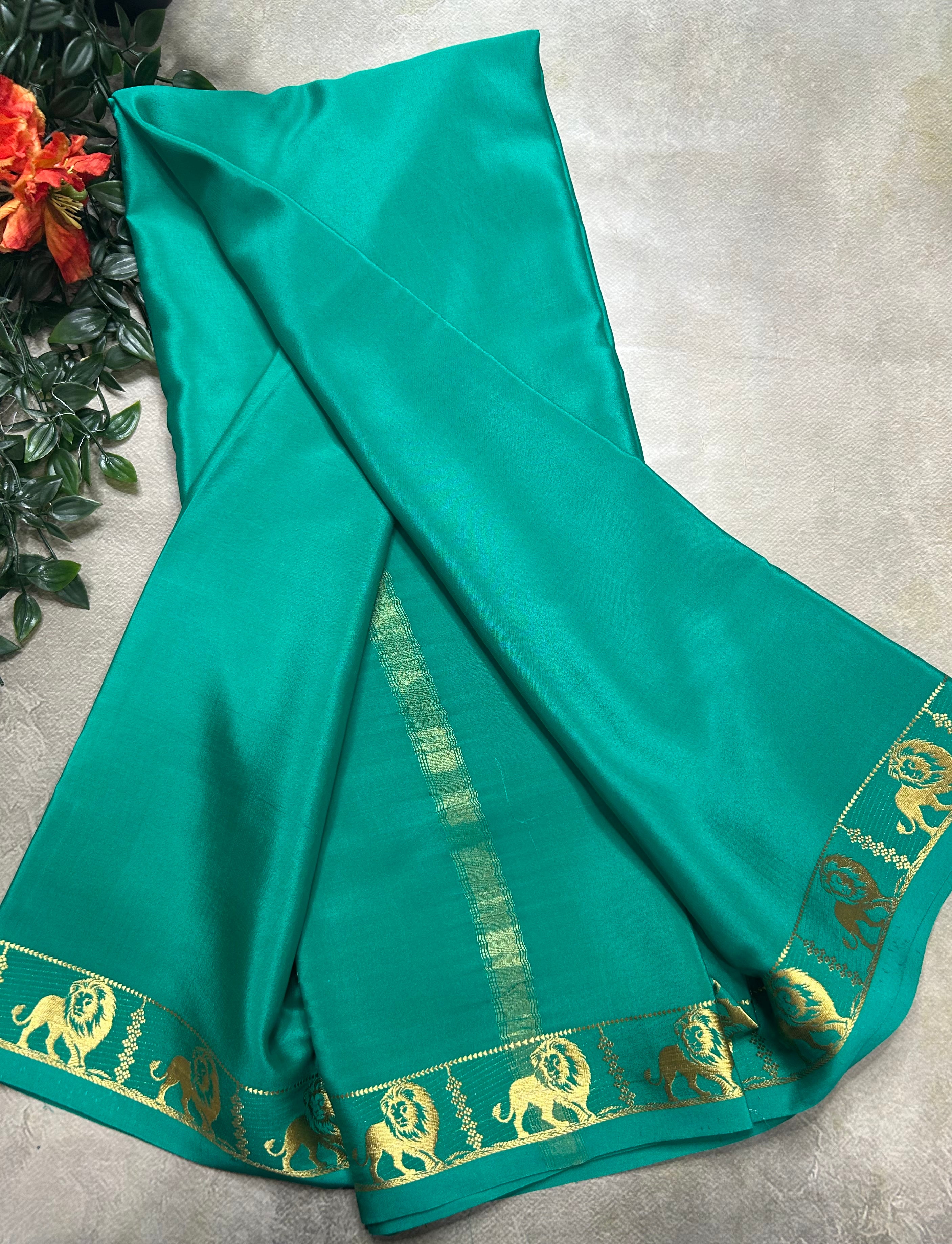 Rama green lion border pure Mysore silk 105 saree
