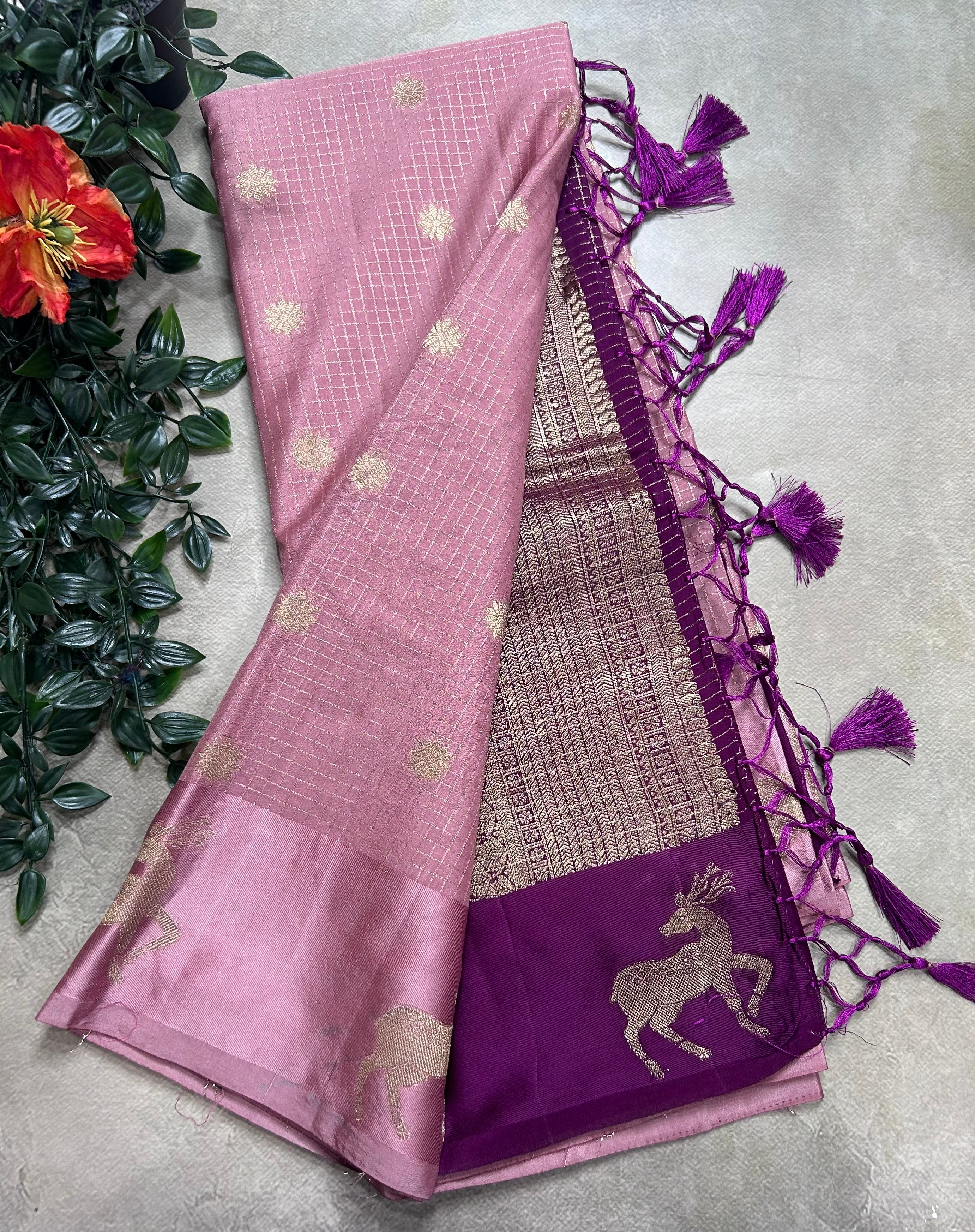 Pastel pink small checks semi Mysore crepe 106 saree