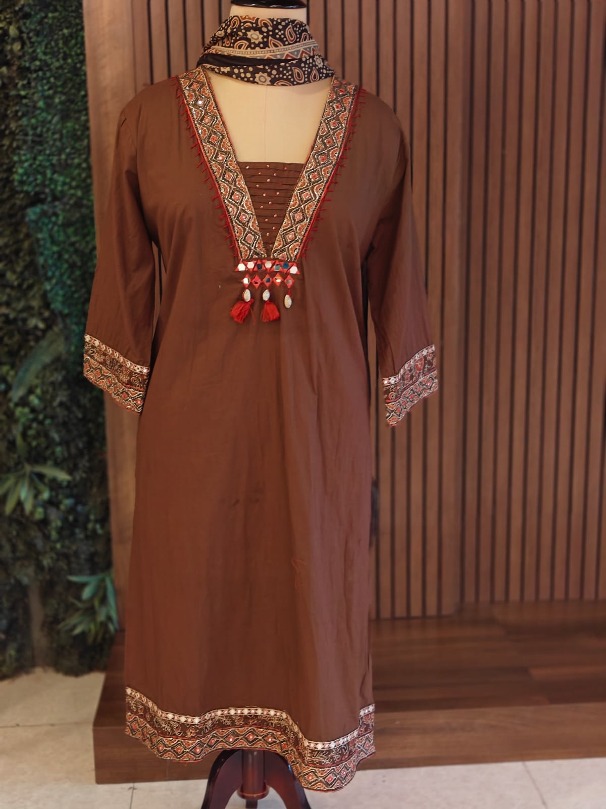 Brown Cotton Thread Embroidery Straight Fit plus size Kurtha