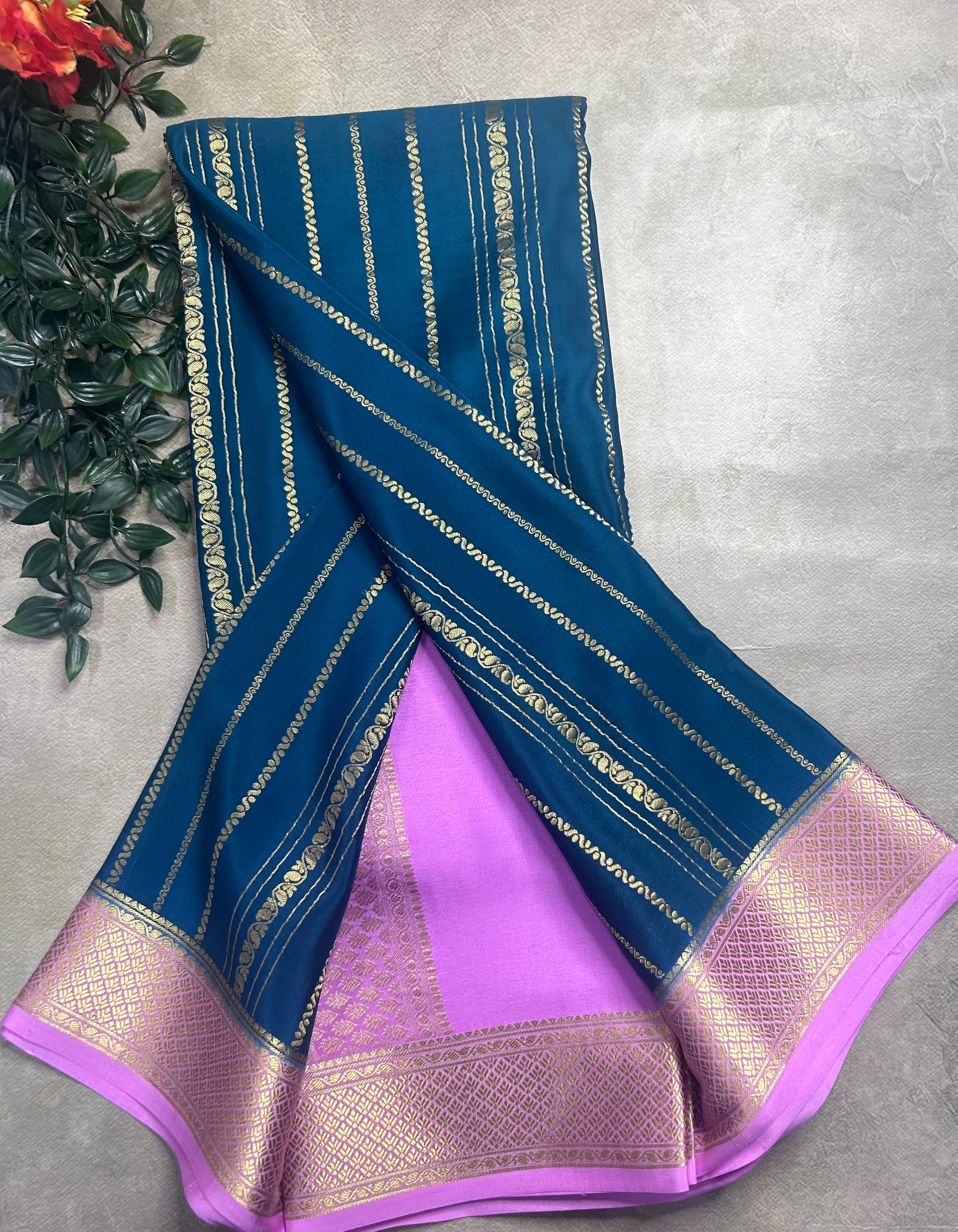 Peacock blue stripes pure mysore crepe silk saree (SMS106)