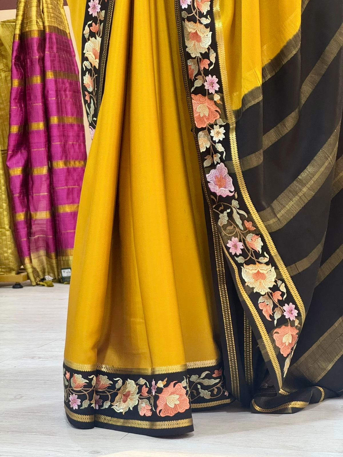Mustard yellow black pure mysore crepe silk saree EMS107