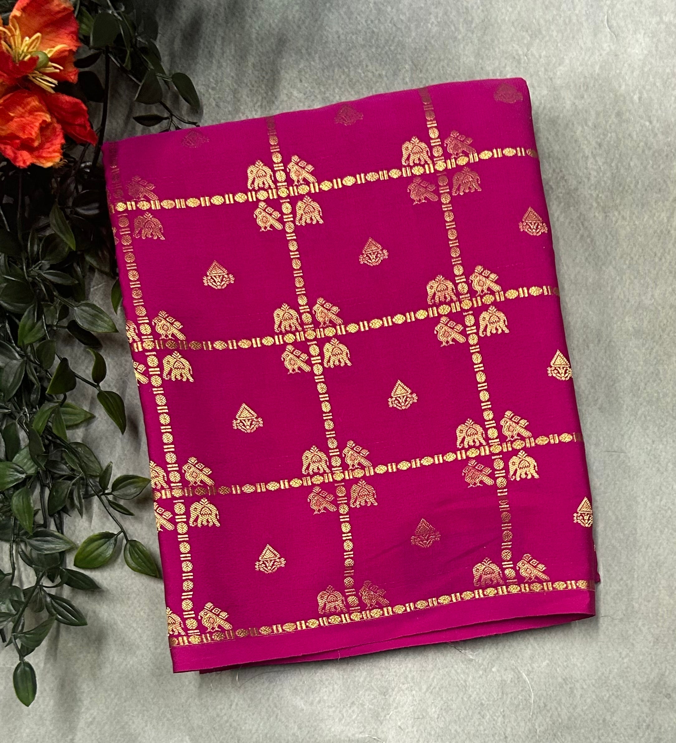 Rani pink contrast checks borderless pure mysore silk-102 saree