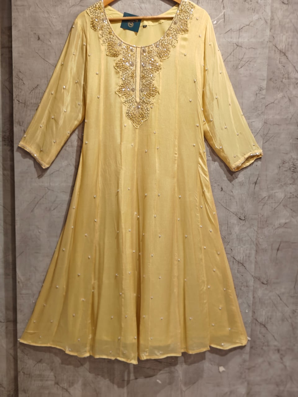 Lemon Yellow Anarkali Chinnon Hand Embroidery Kurtha 567