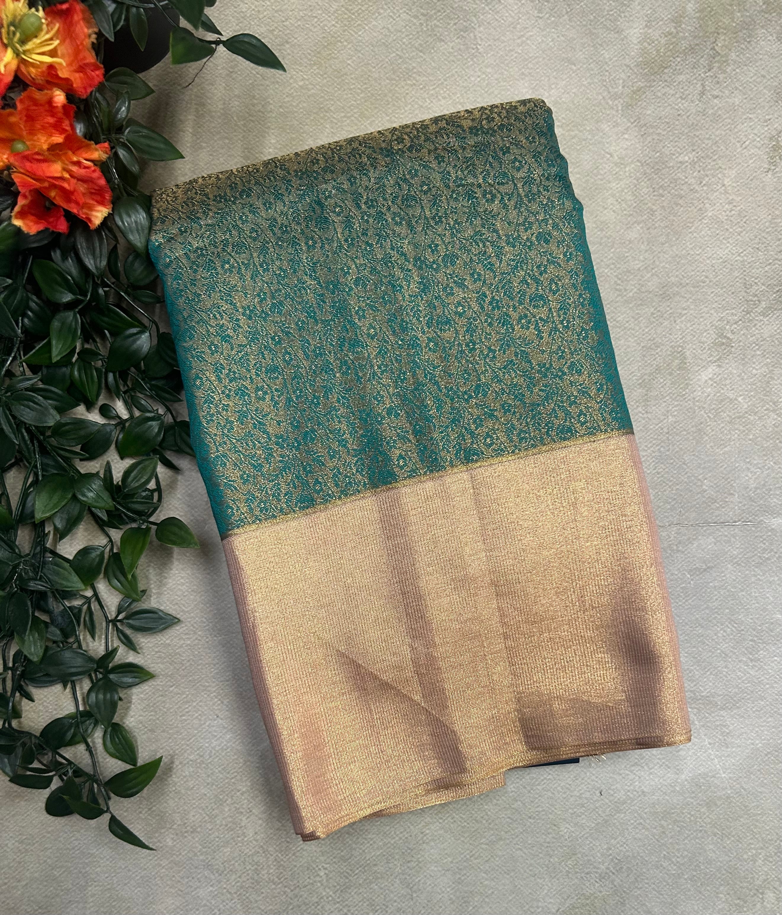 Green brocade small border semi tissue saree