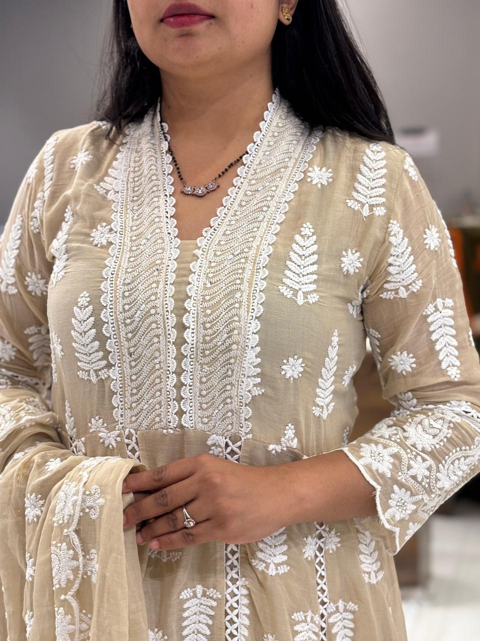 Beige Cotton Hakkoba Work Anarkali Kurtha 459