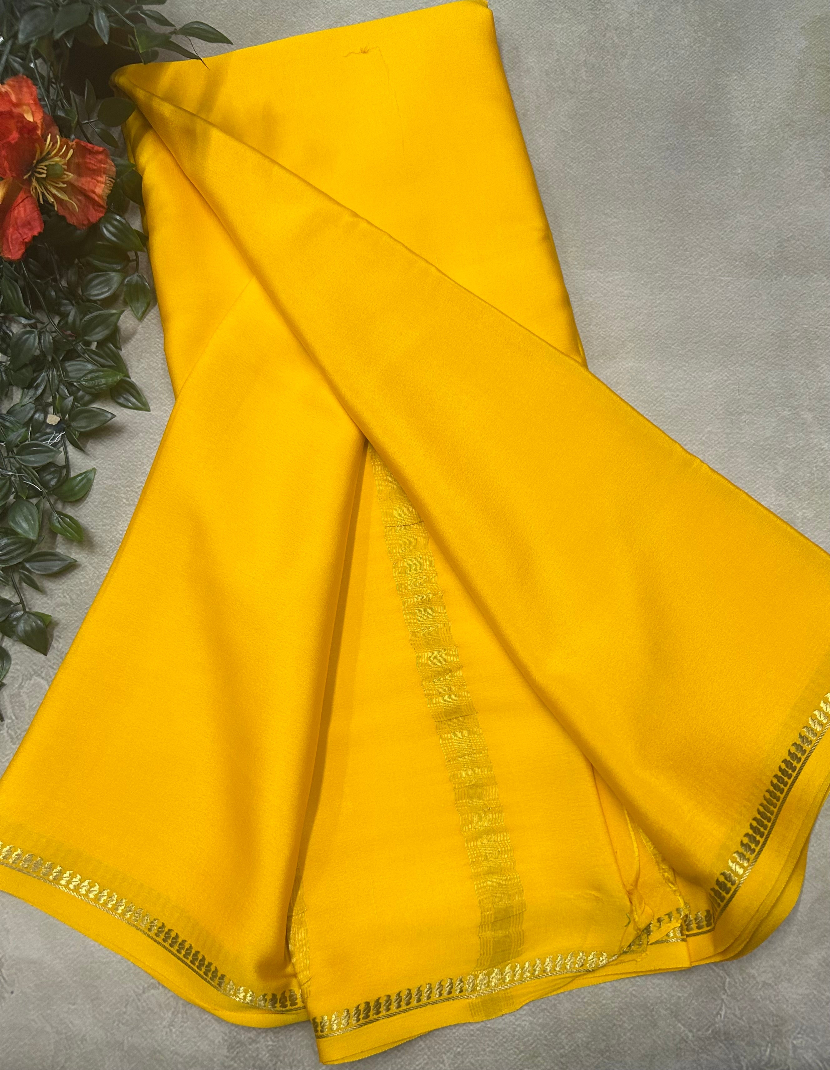 Bright yellow small border pure Mysore silk 105 saree