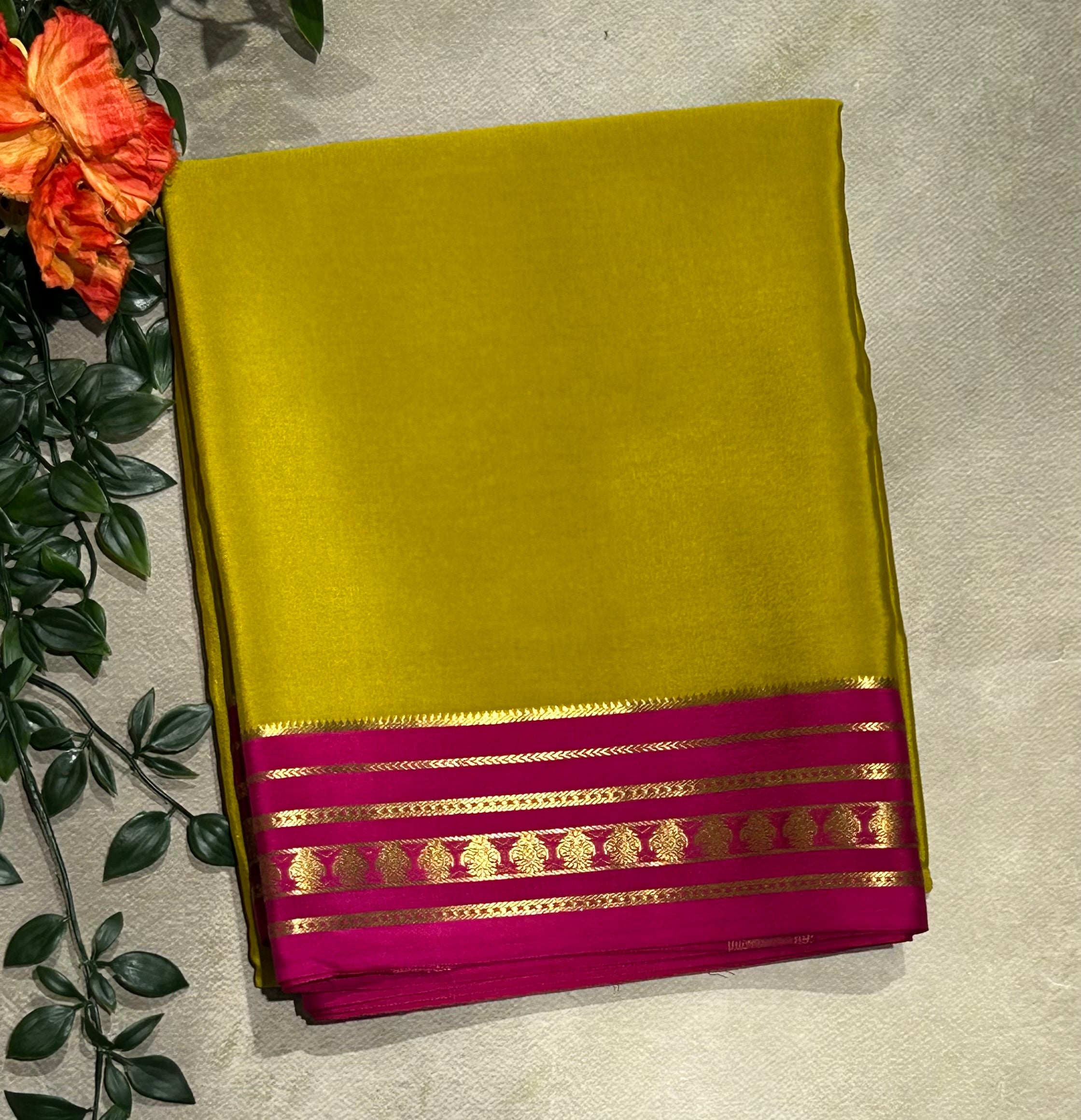 Dark neon green stripes border pure Mysore silk-103 saree