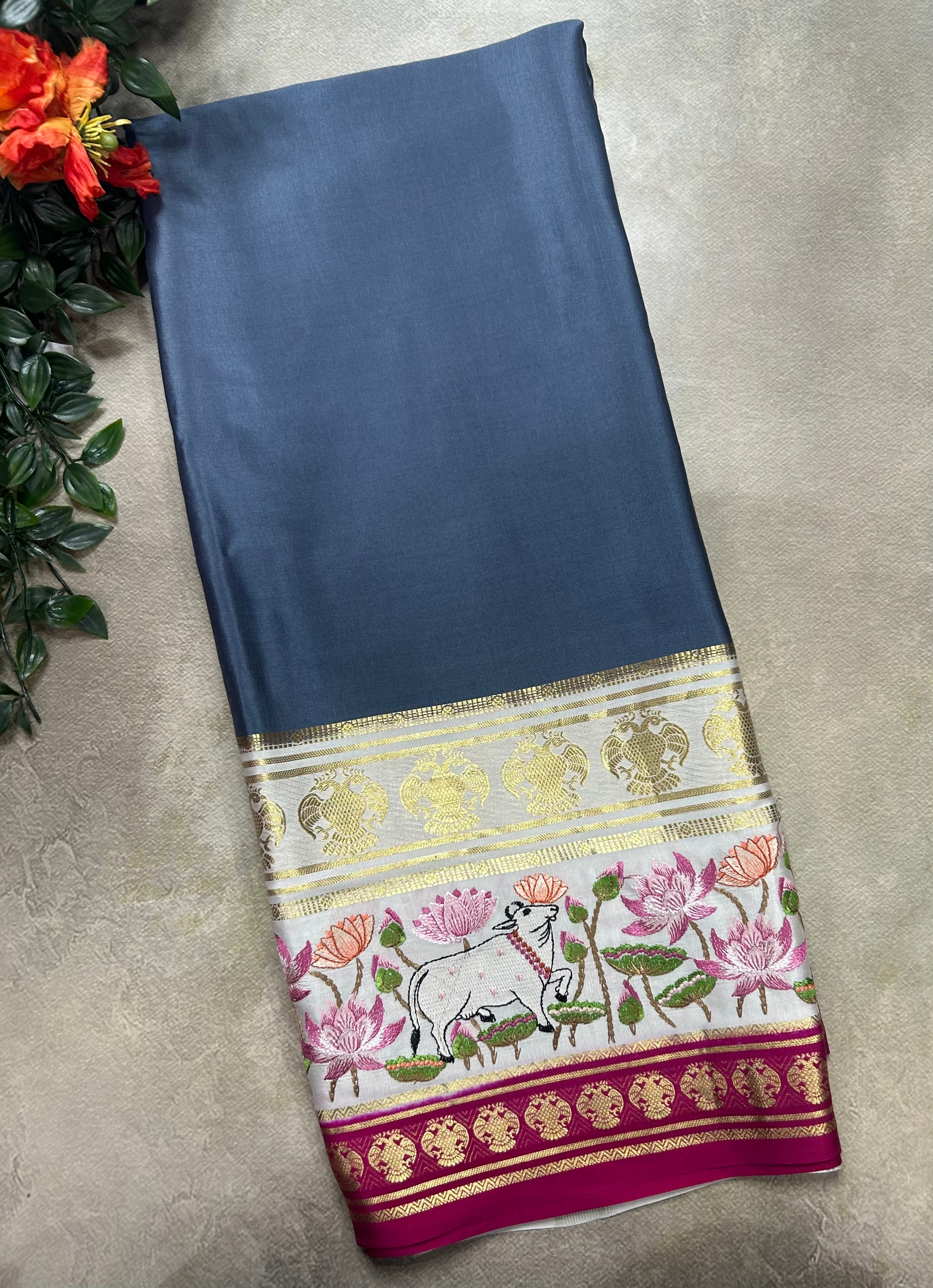 3D embroidery pure mysore silk-105 saree