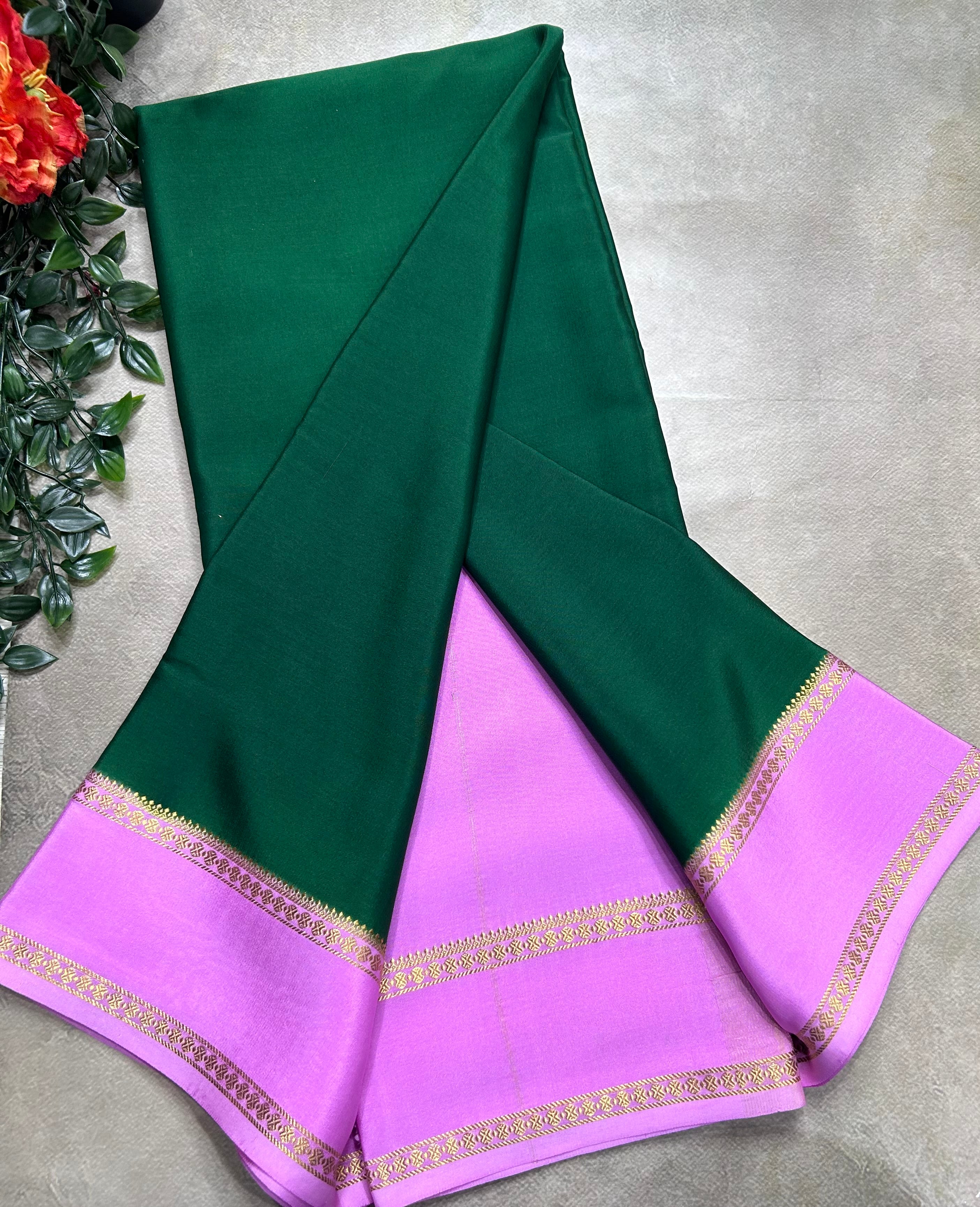 Bottle green n pink plain bentex border pure mysore silk saree(BMS105) (Copy)