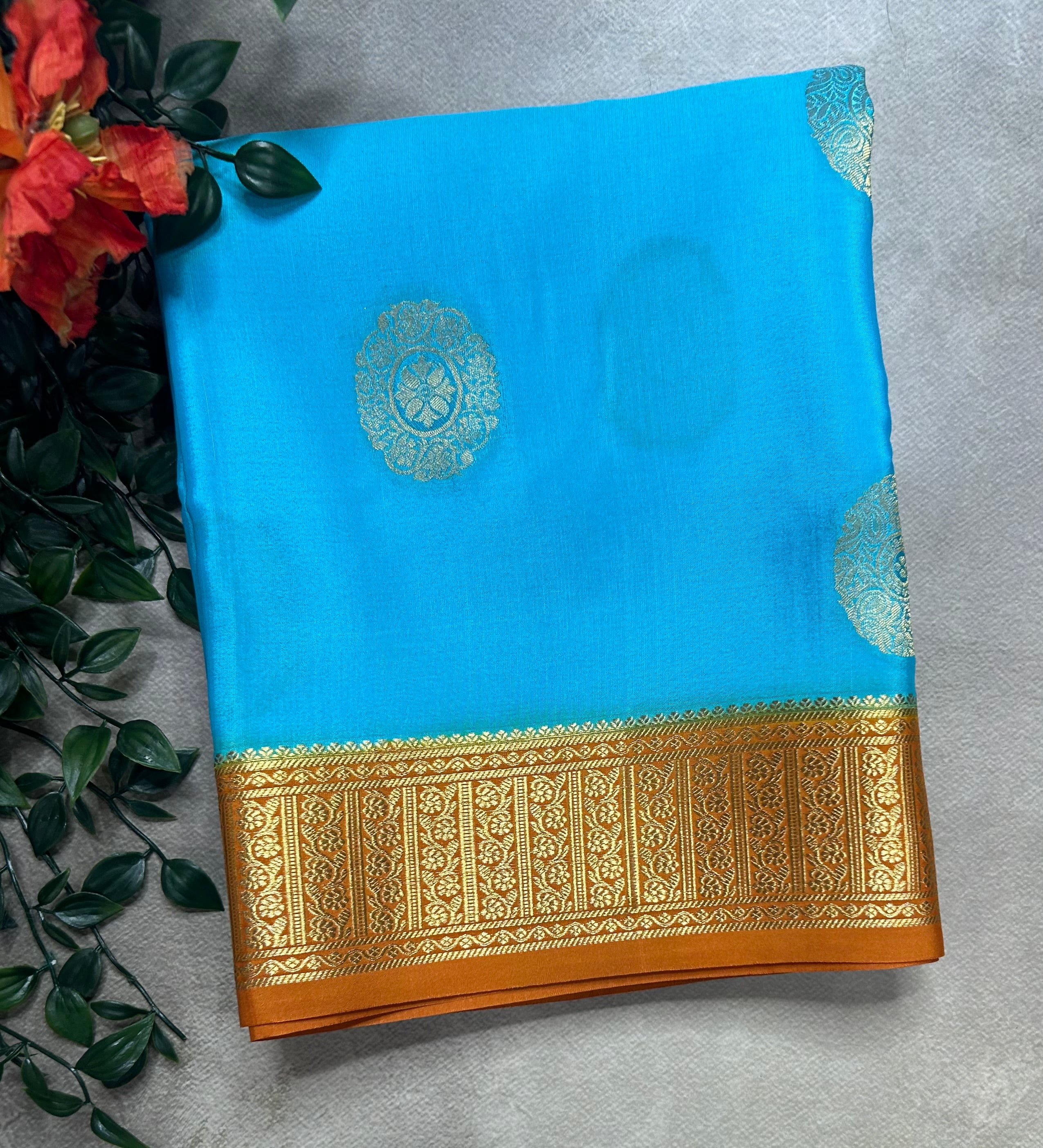 Sky blue n mustard yellow big Butta pure Mysore silk-104 saree