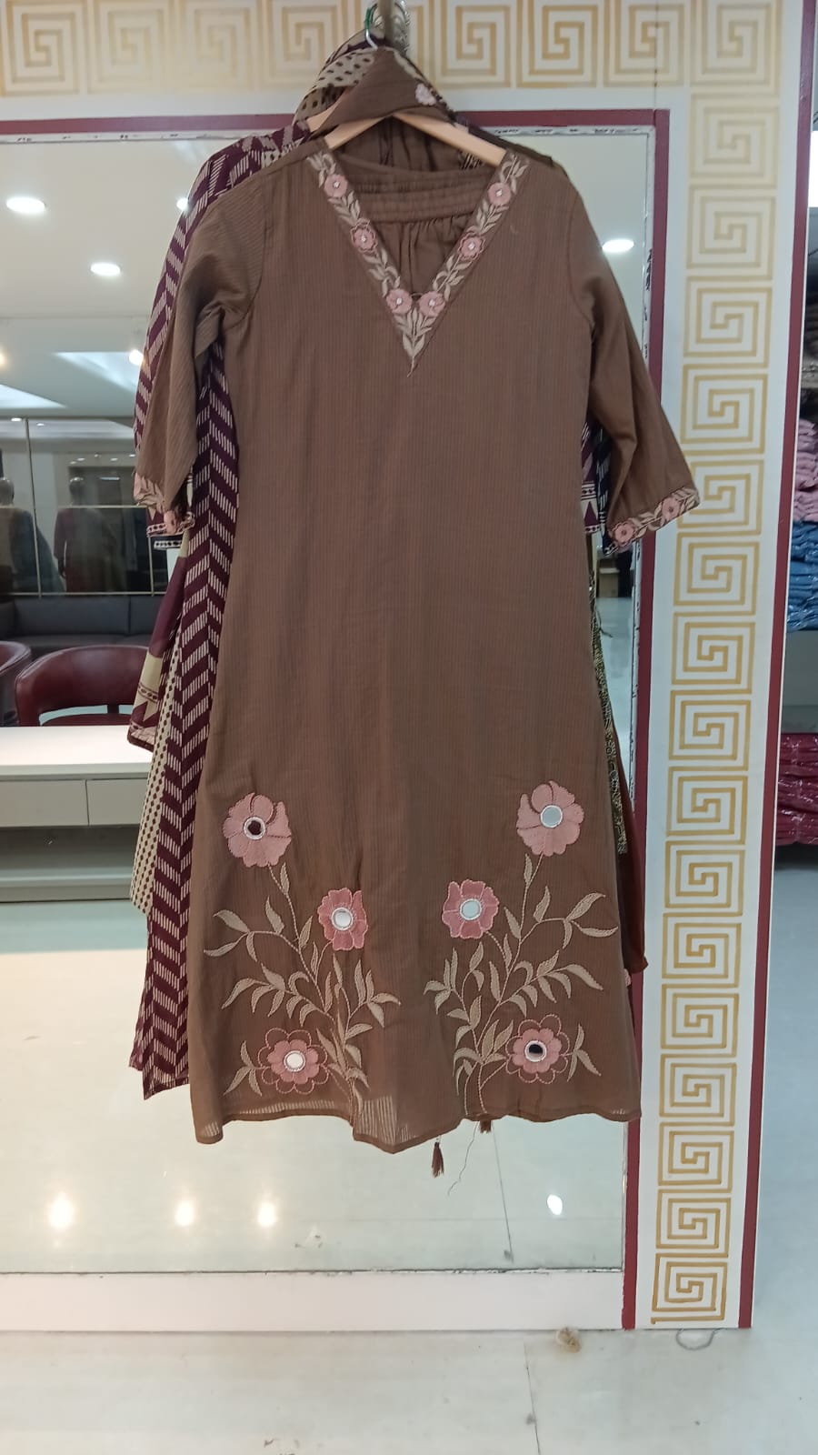 Brown Cotton Hand Embroidery Straight Fit Kurtha