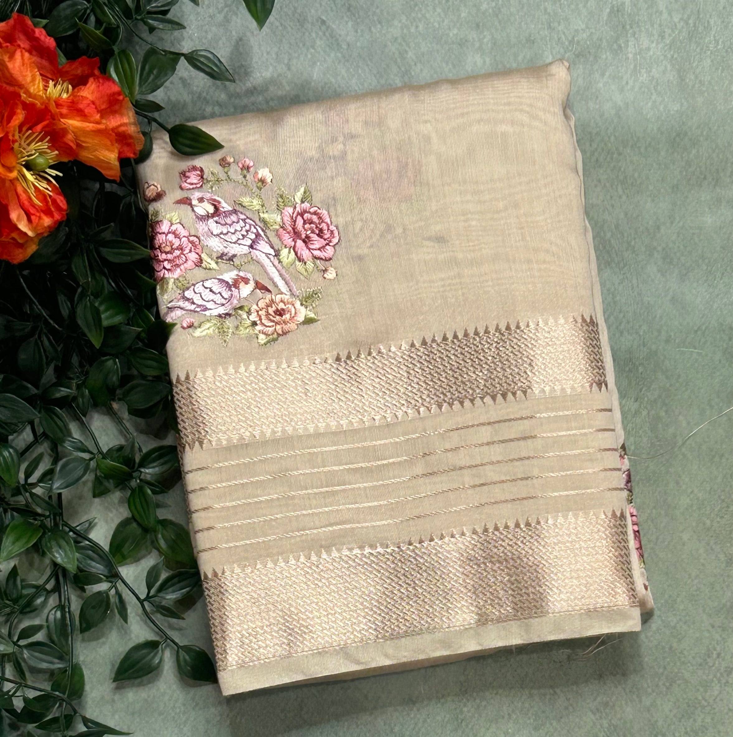 Cream embrodiery bentex stripes soft tussar crepe 104 saree