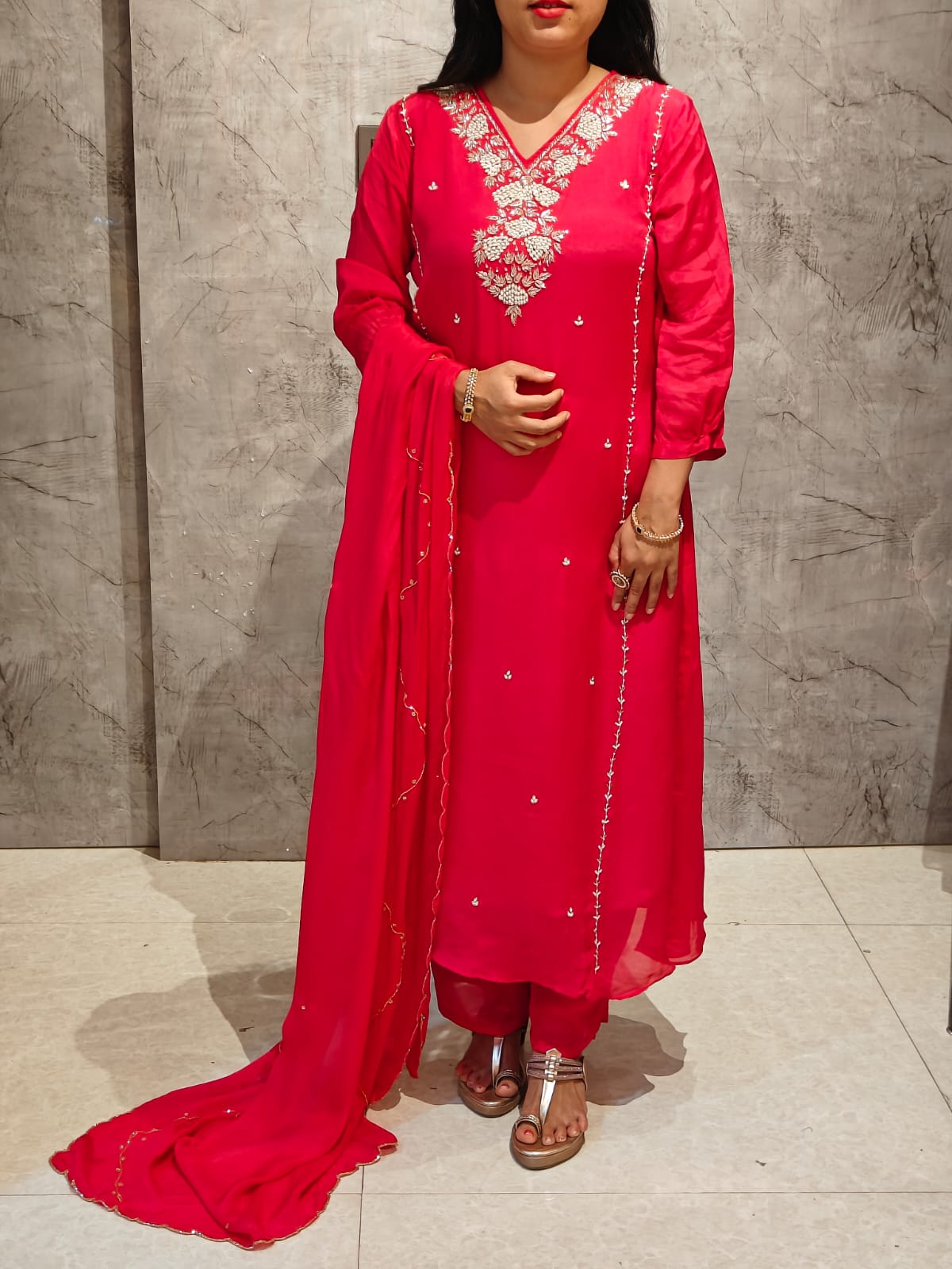 Red Chinnon Hand Embroidery Airline Kurtha 444