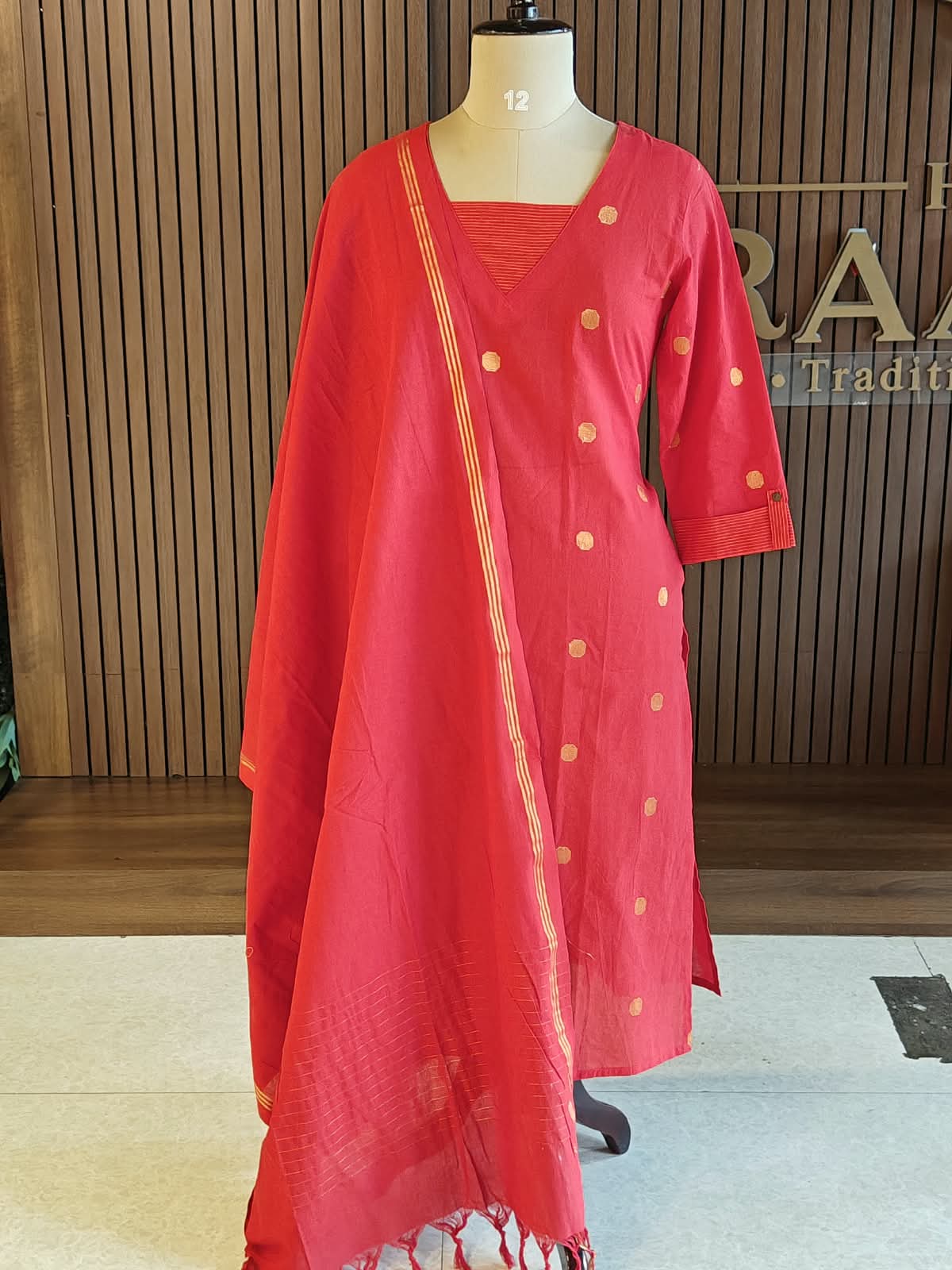 Red Cotton Straight Fit Gold Zari Butta Kurtha 721