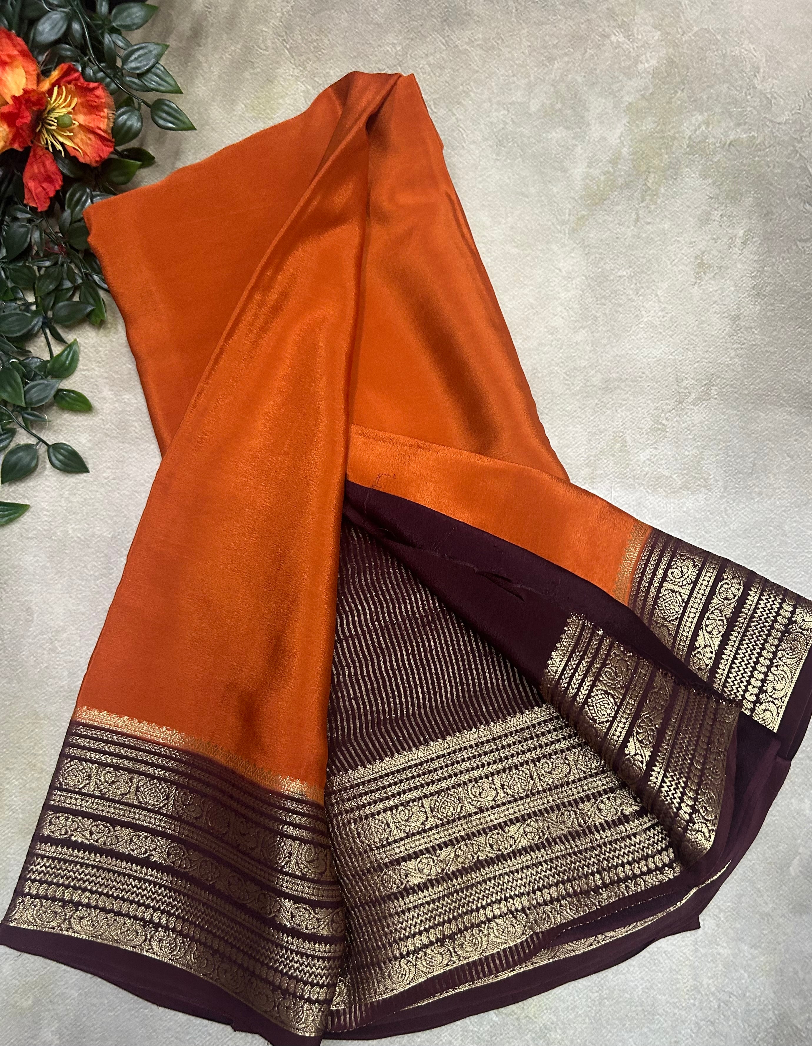 Rust orange n brown plain semi Mysore crepe silk 105 saree
