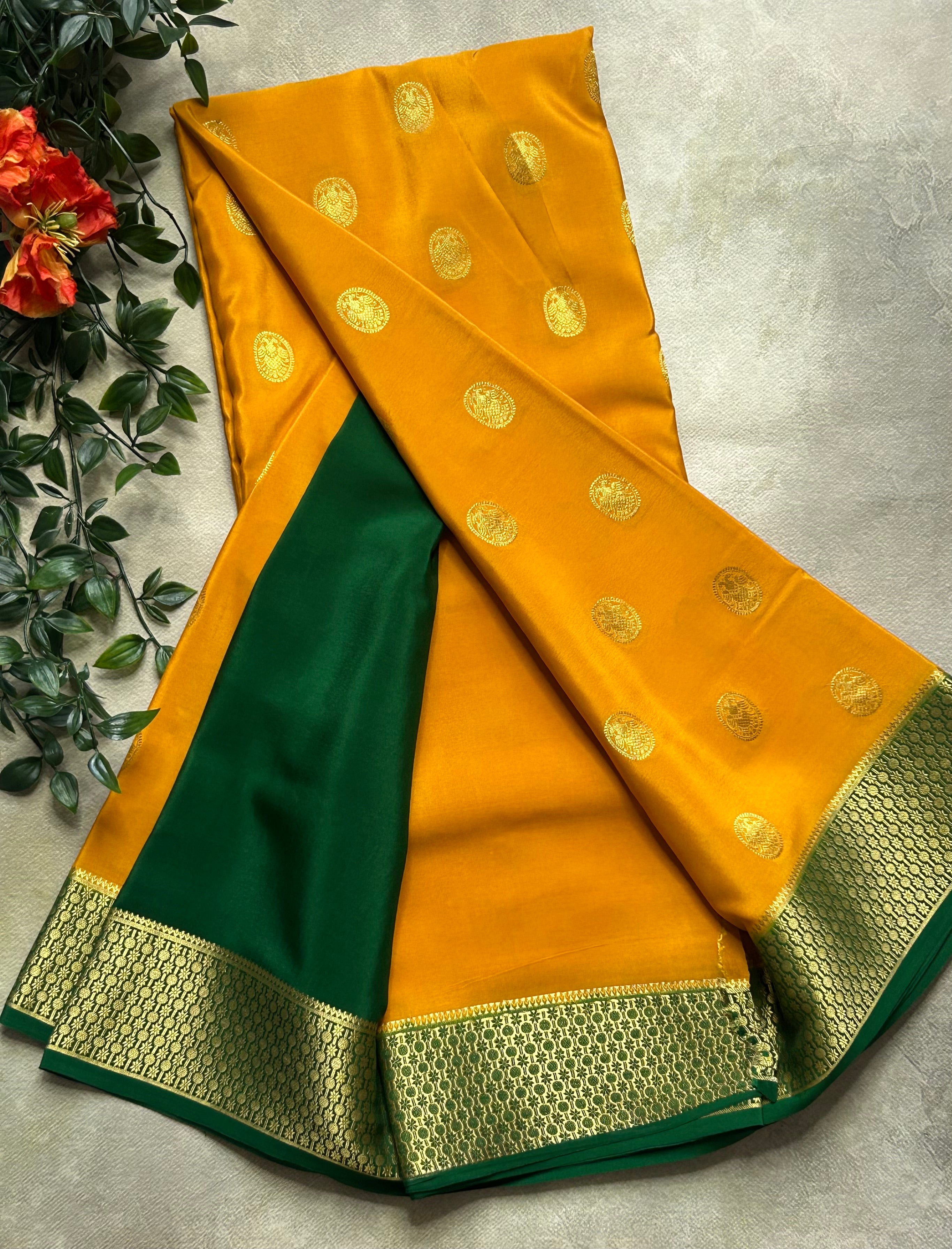 Mustard yellow Gandaberunda small Butta pure Mysore silk-103 saree