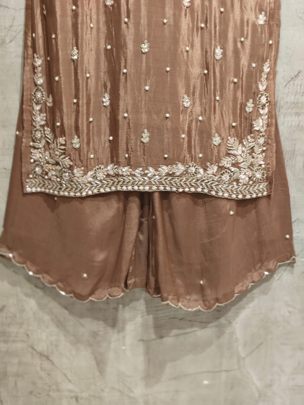Brown Chinnon Hand Embroidery Sharara Kurtha
