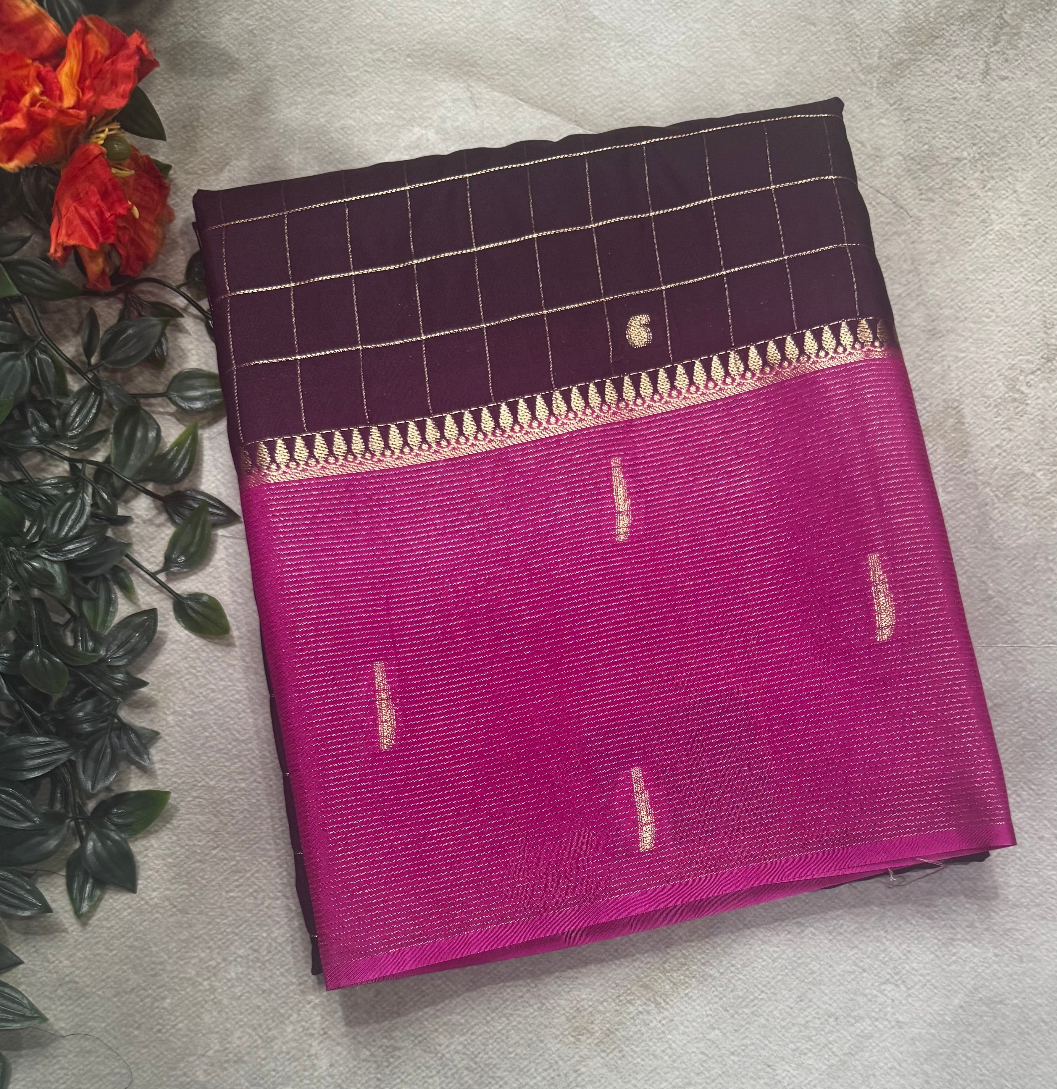 Wine checks semi Mysore crepe 106 saree