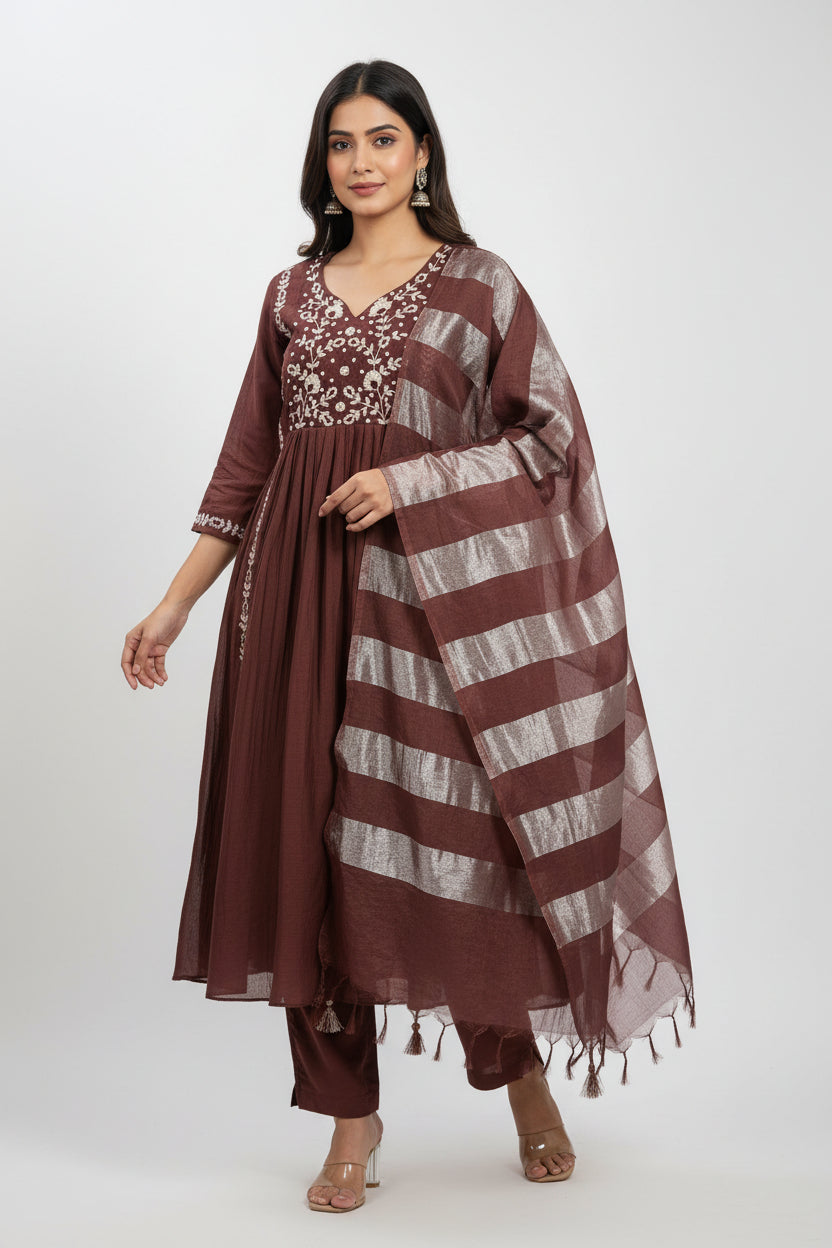 Brown Mul Chanderi Hand Embroidery A Line Kurtha 686