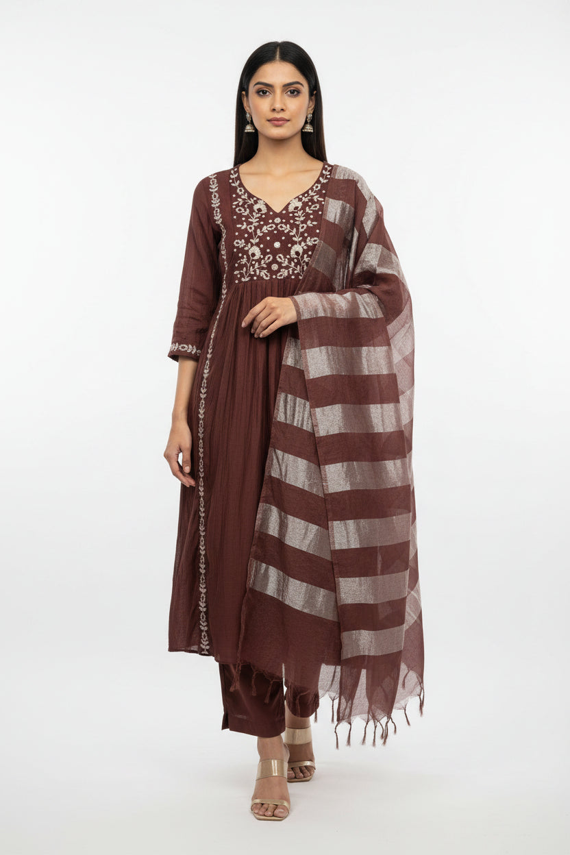 Brown Mul Chanderi Hand Embroidery A Line Kurtha 686