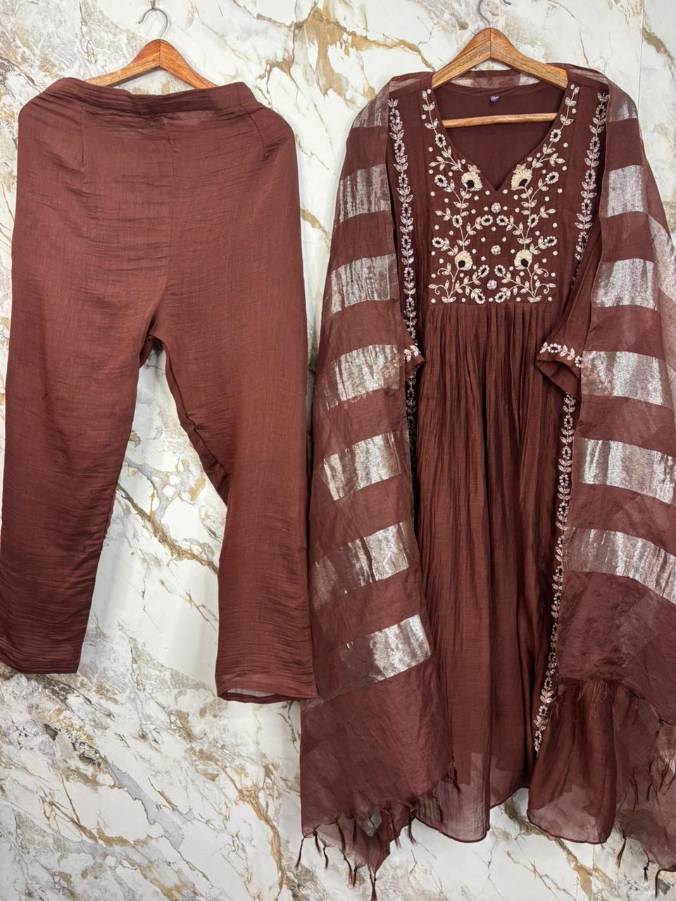 Brown Mul Chanderi Hand Embroidery A Line Kurtha 686