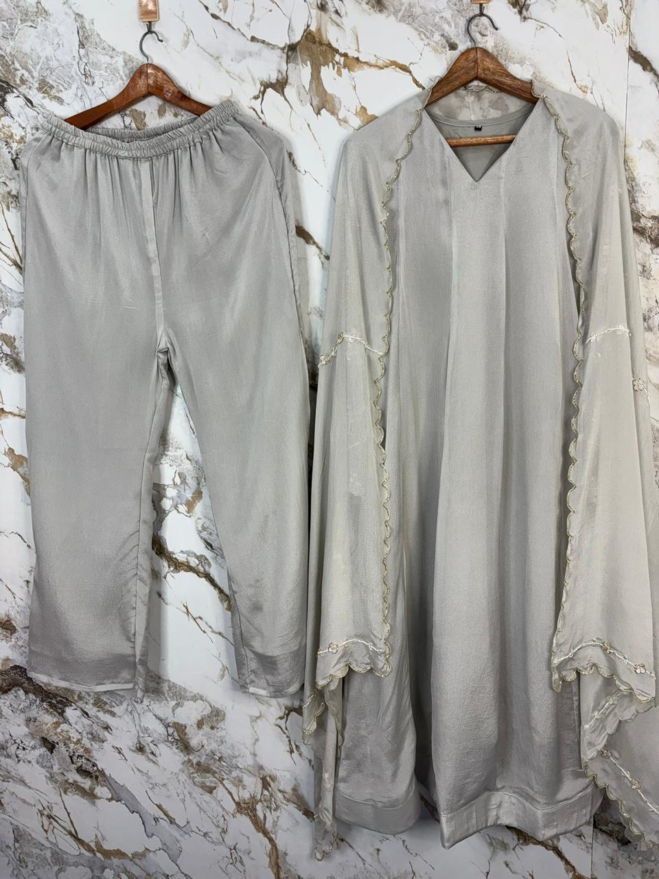 Gray Chanderi Silk Airline Handwork Kurtha