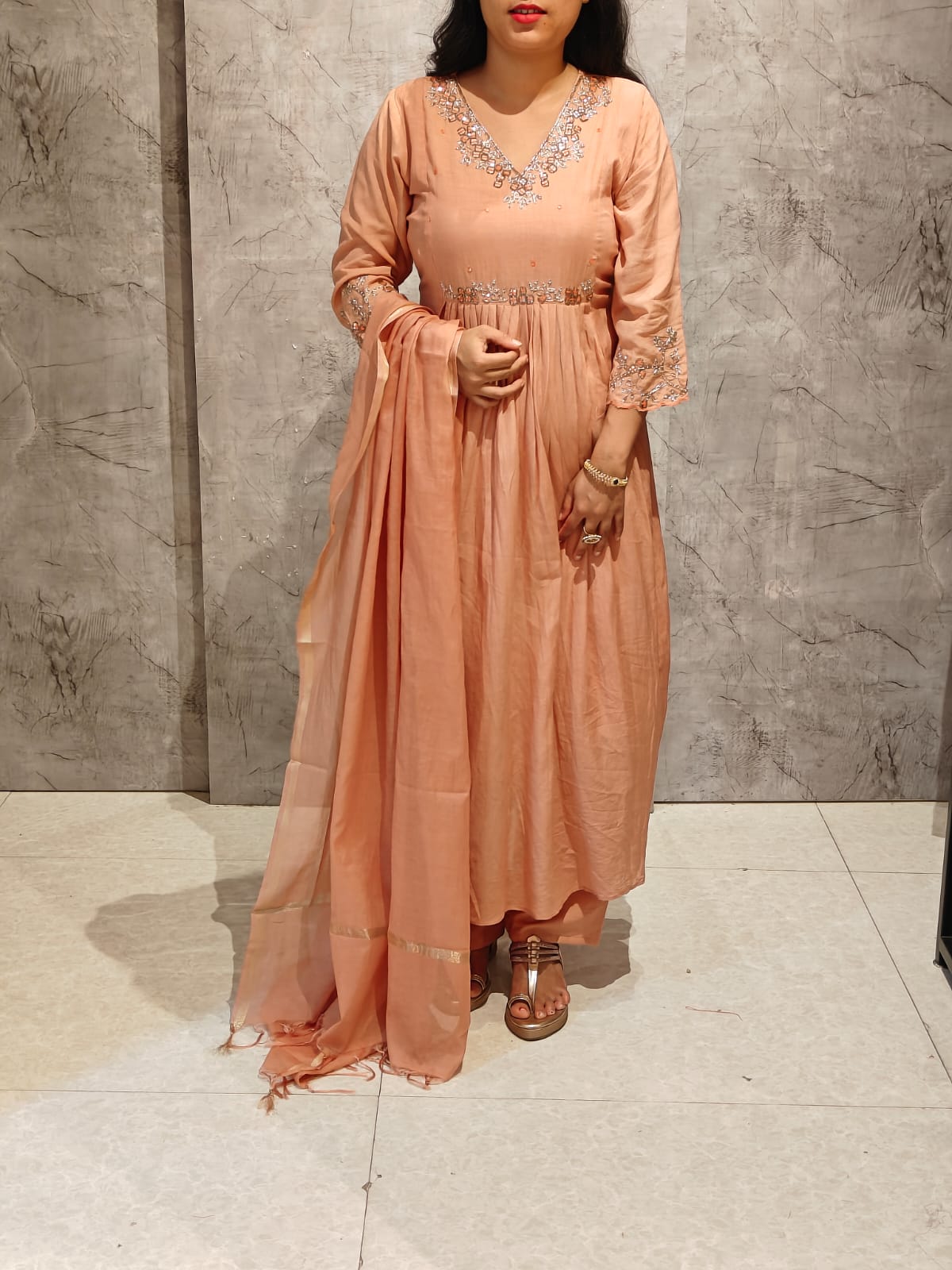 Peach Mul Chanderi Hand Embroidery Airline Kurtha 088