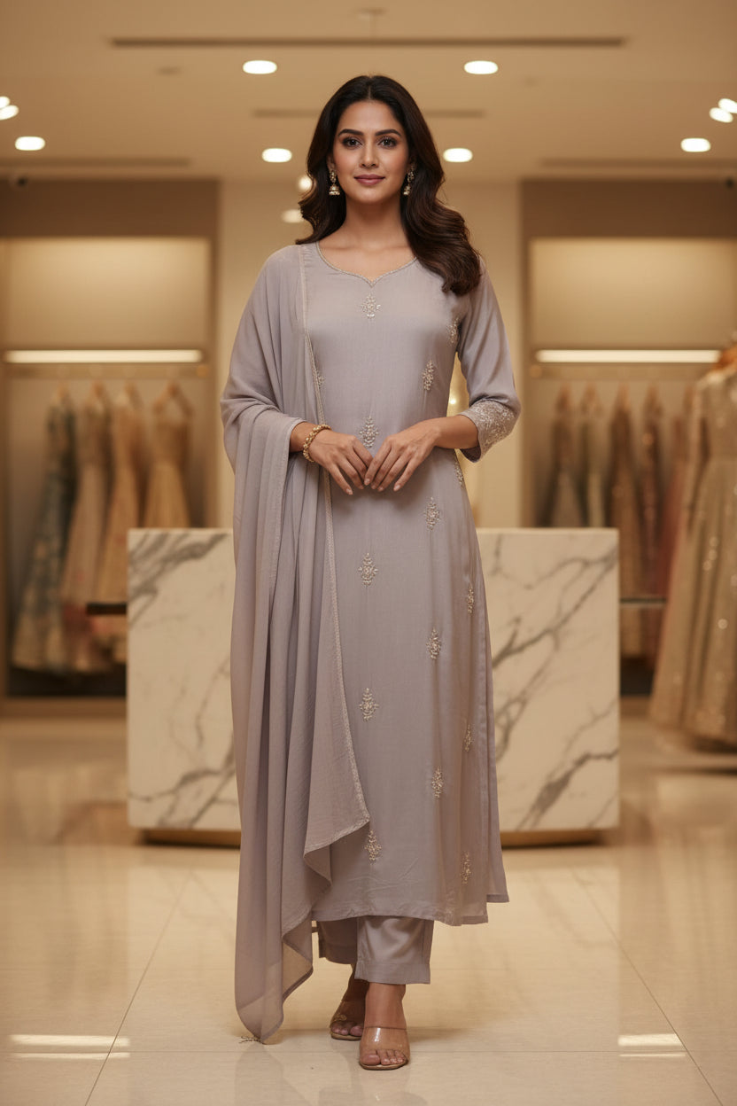 Lilac Anarkali Chinnon Hand Embroidery Kurtha 567