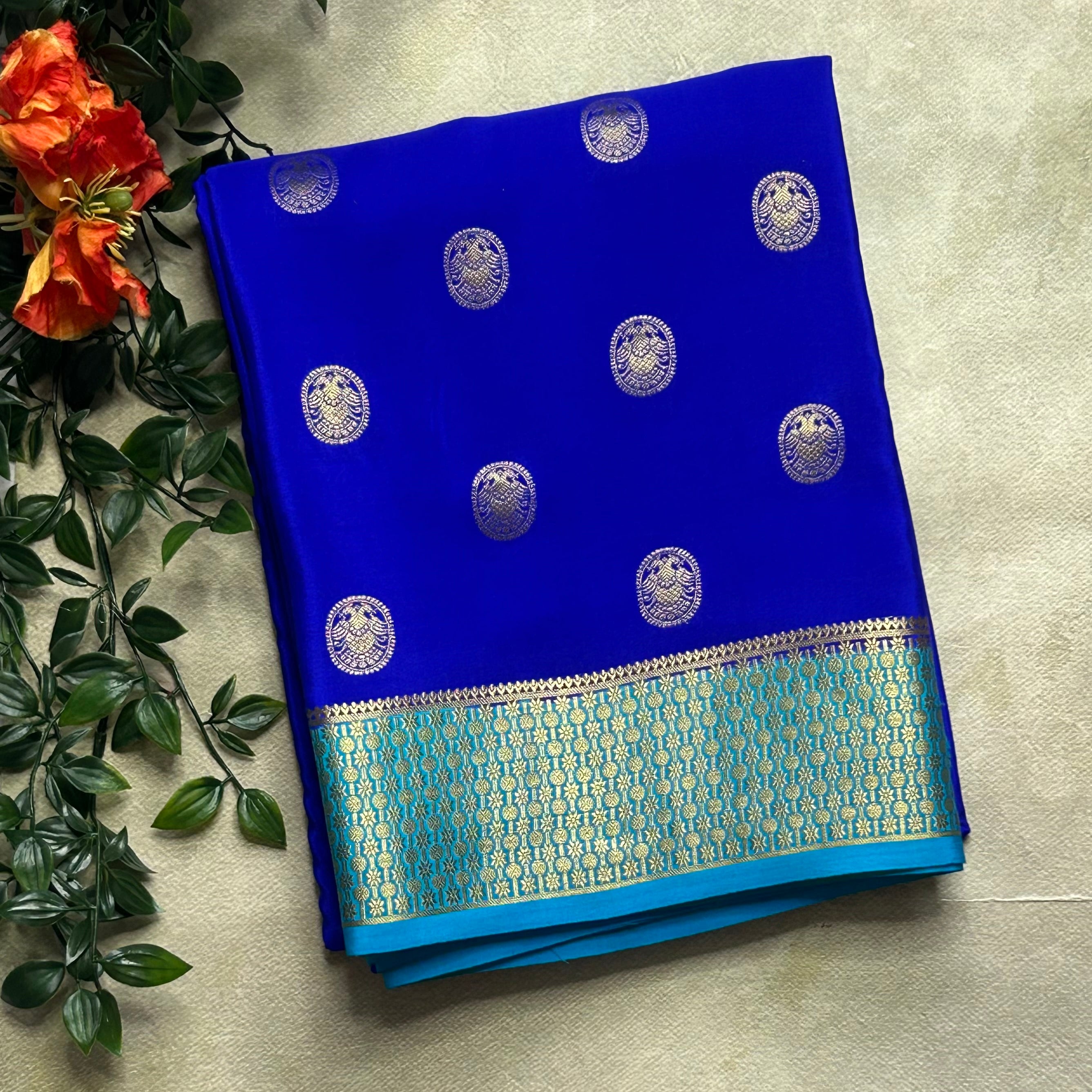 Royal blue Gandaberunda small Butta pure Mysore silk-103 saree