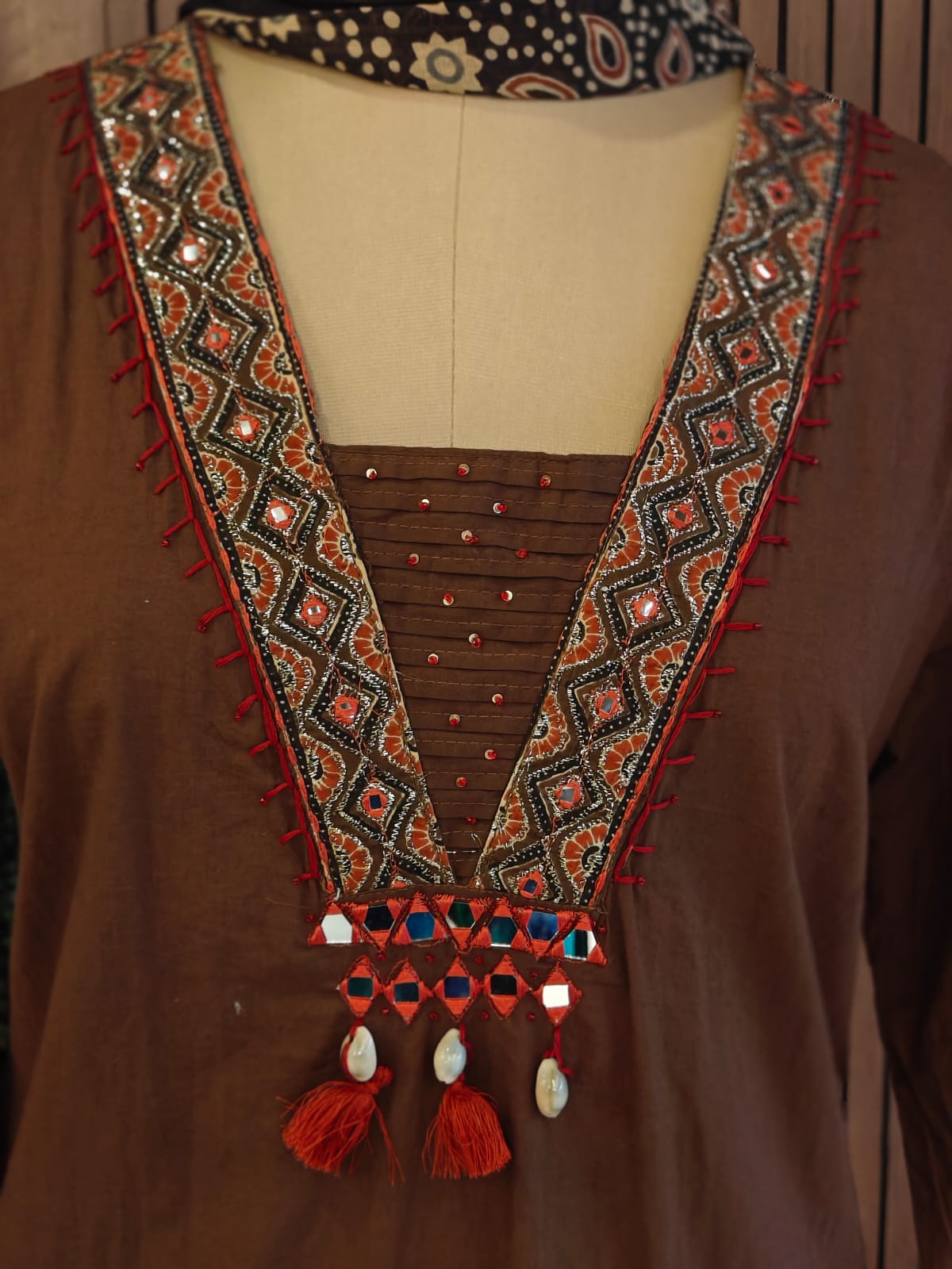 Brown Cotton Thread Embroidery Straight Fit plus size Kurtha