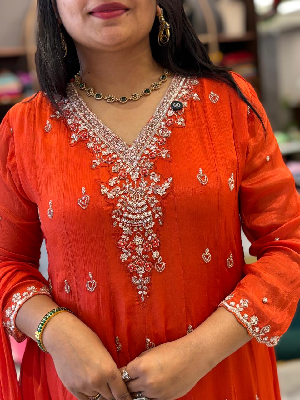 Orange Anarkali Chinnon Hand Embroidery Kurtha 567