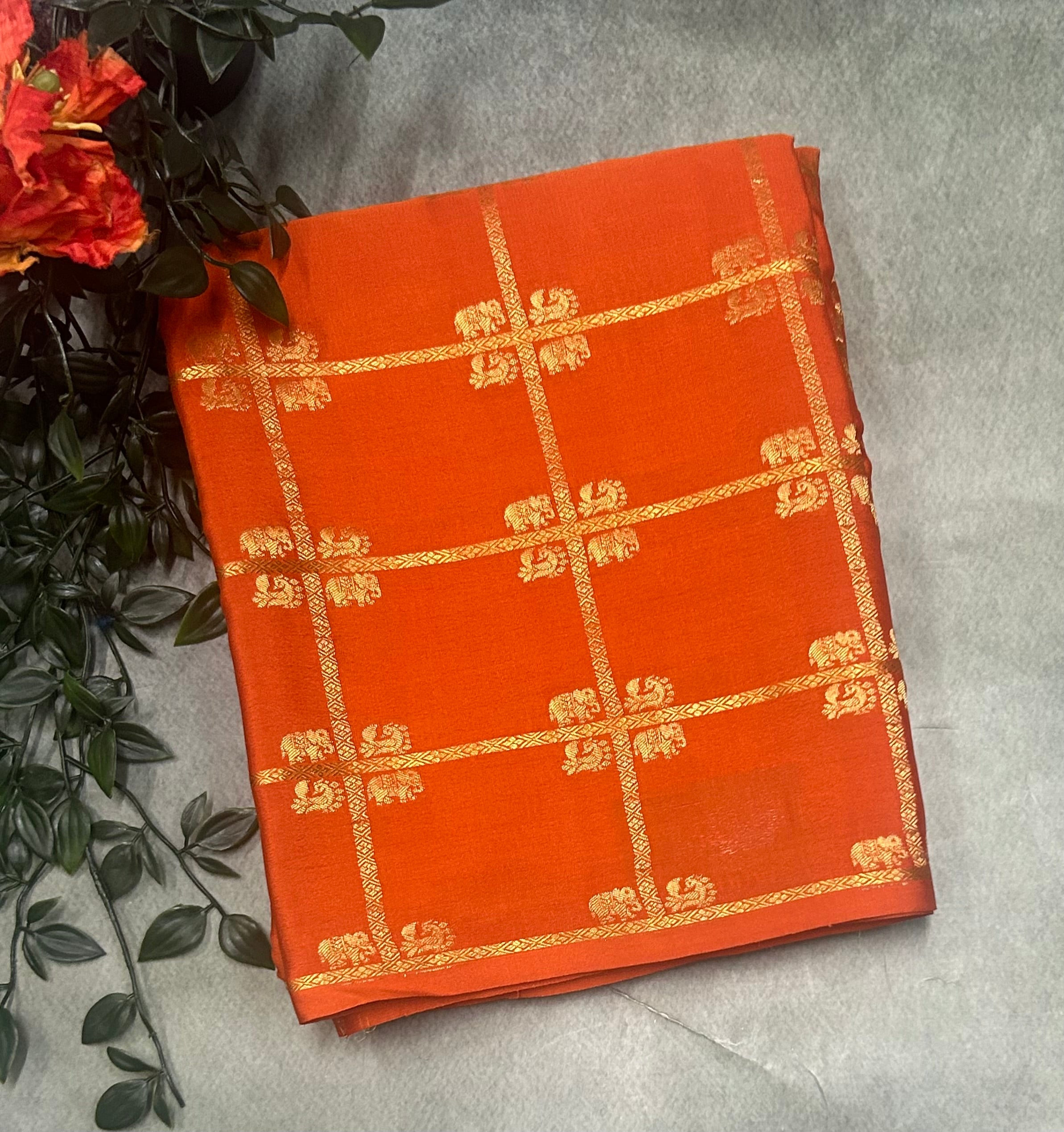Orange contrast ST checks borderless pure mysore silk-105 saree