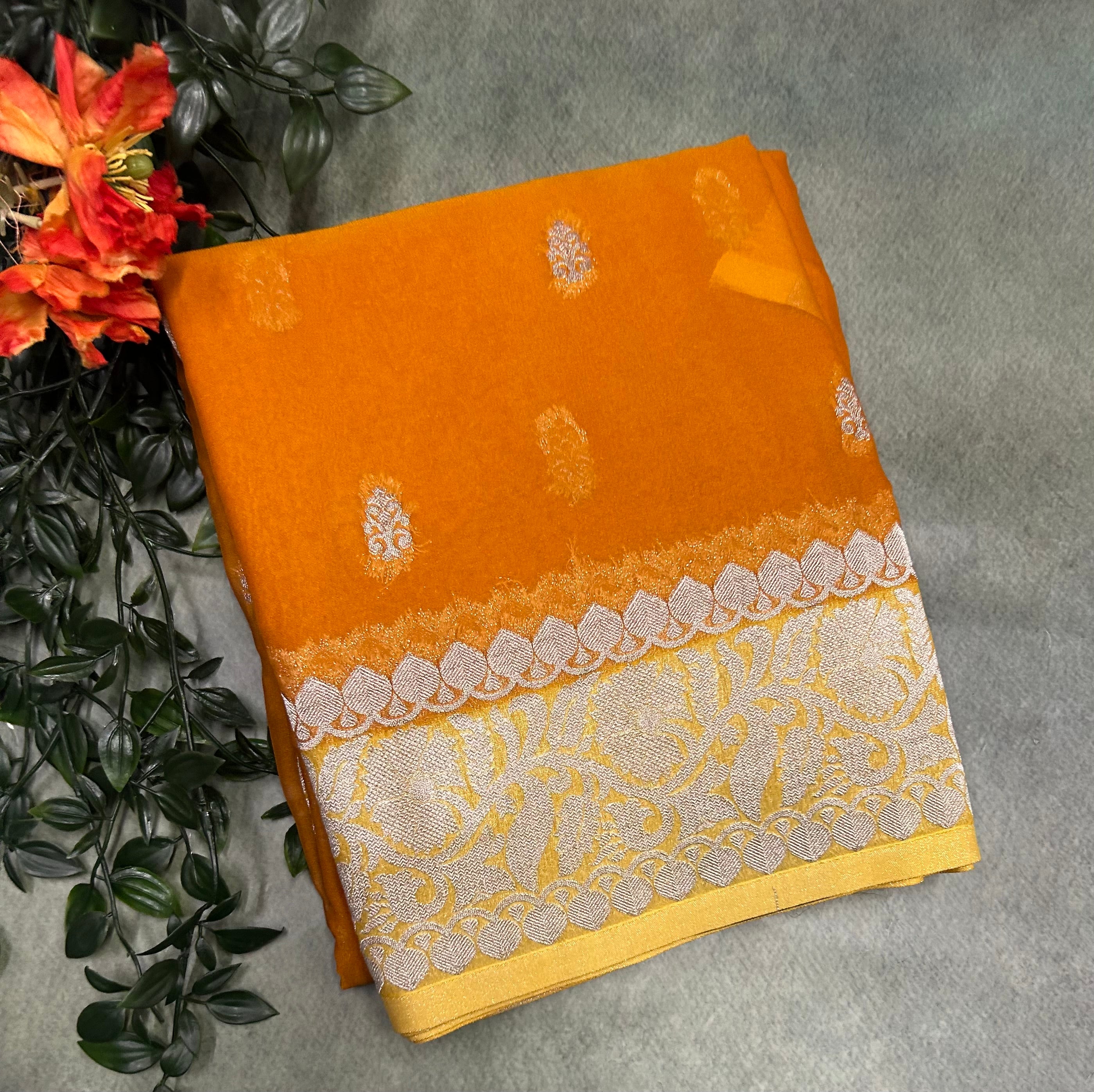 Mustard yellow small Butta semi chiffon Benarasi 105 saree