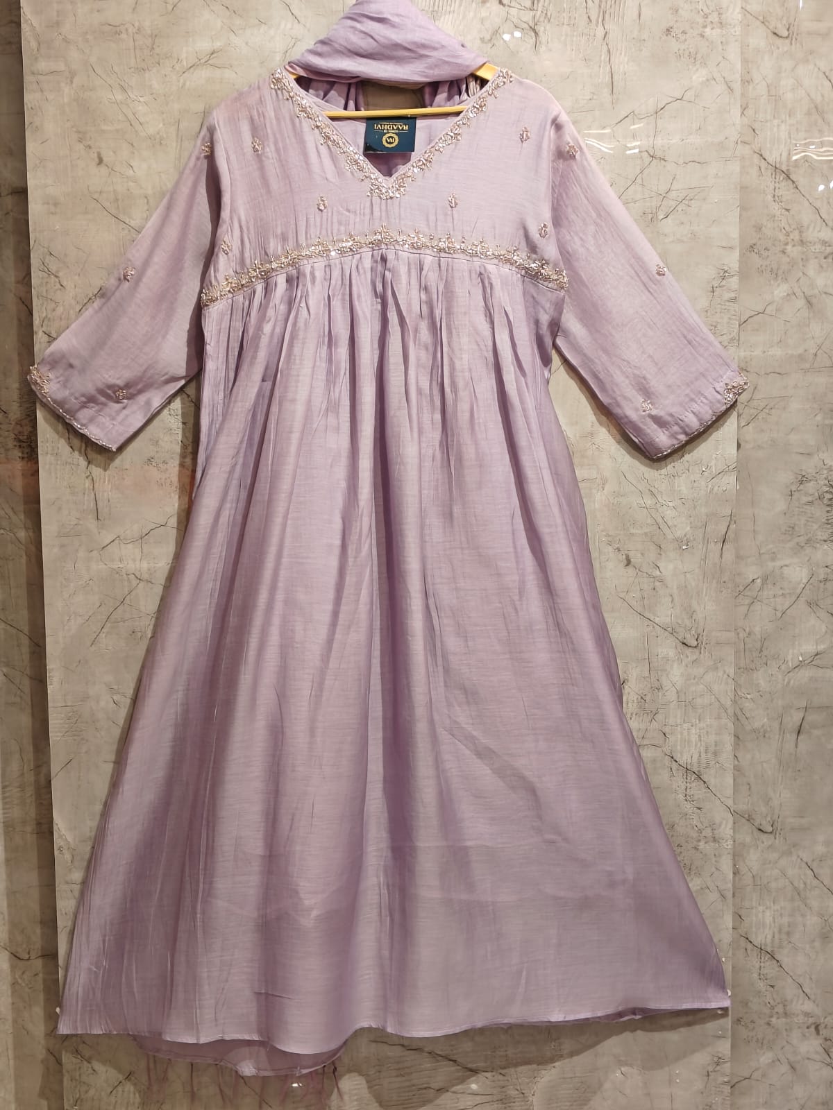 “Pani" Lilac Alia Cut Mul Chanderi silk Kurtha suit with work hand embroidery