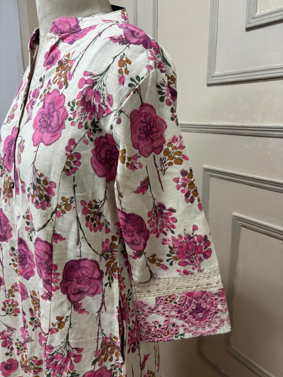 Pink Lenin Cotton Thread Embroidery Airline 1 pc Kurtha 372