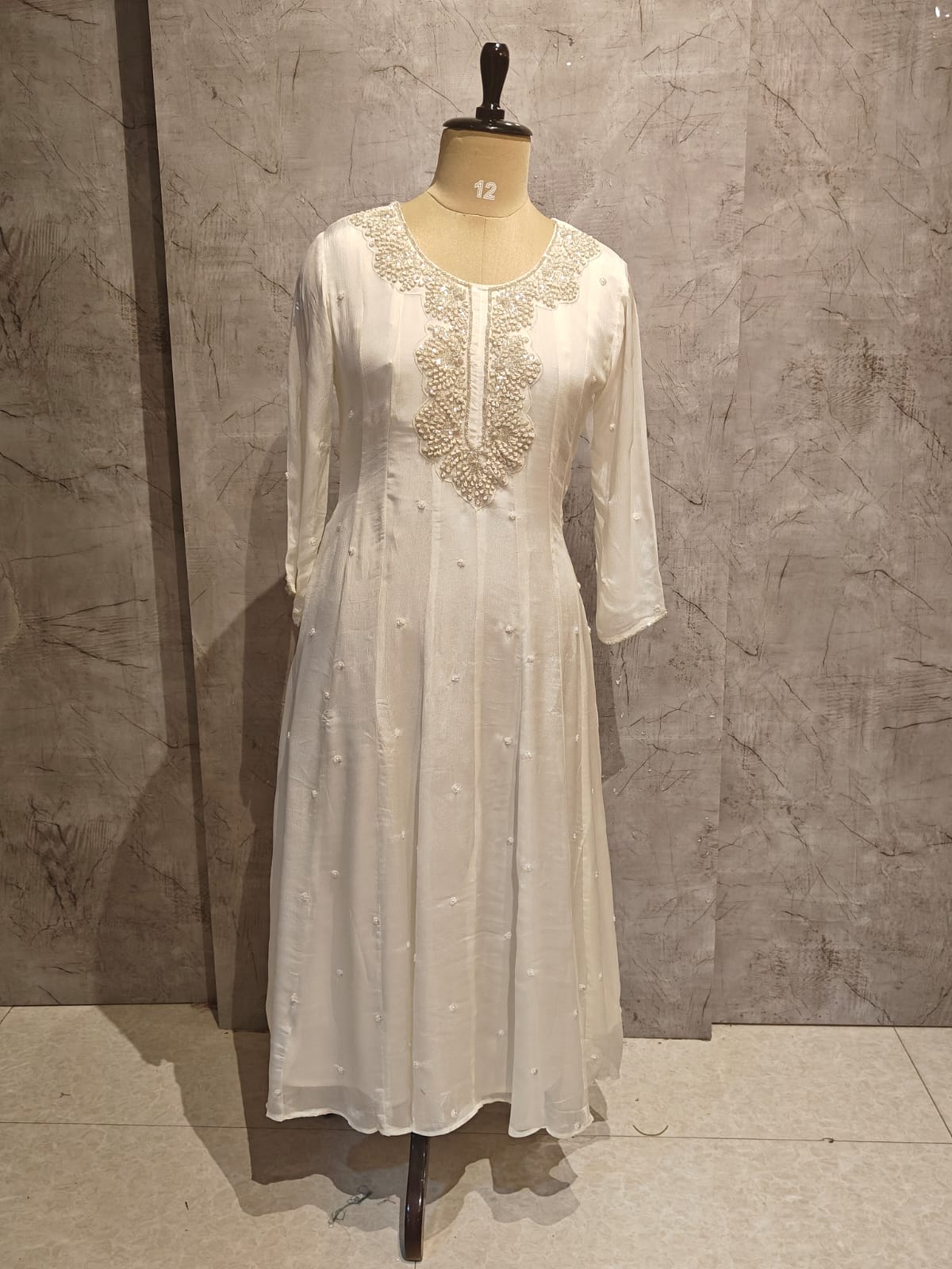 White Anarkali Chinnon Handwork Partyware Kurtha 567