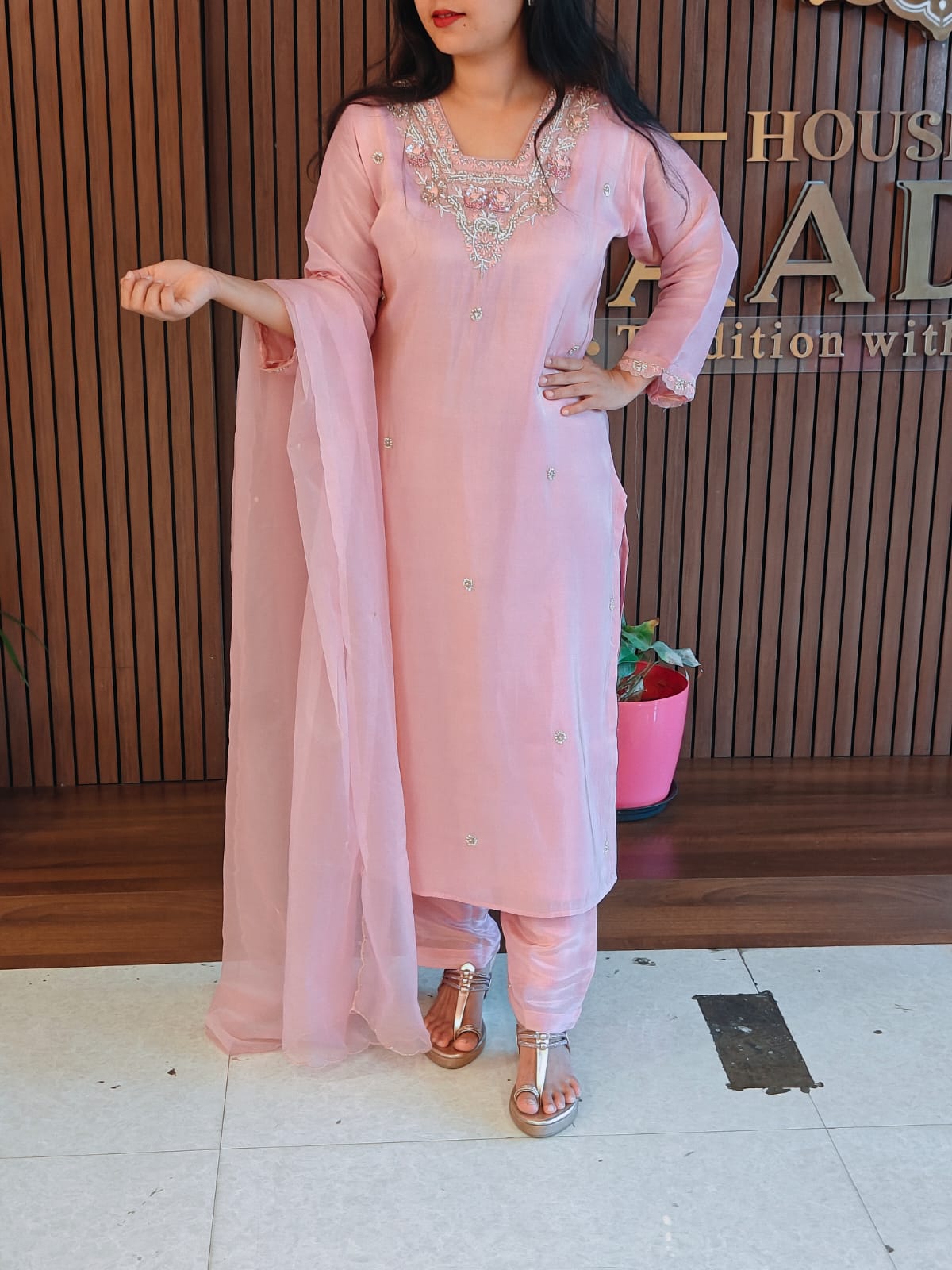 "Chandini" Baby Pink Tissue Shimmer Kurtha with heavy handwork on Sleeves- Plus Size