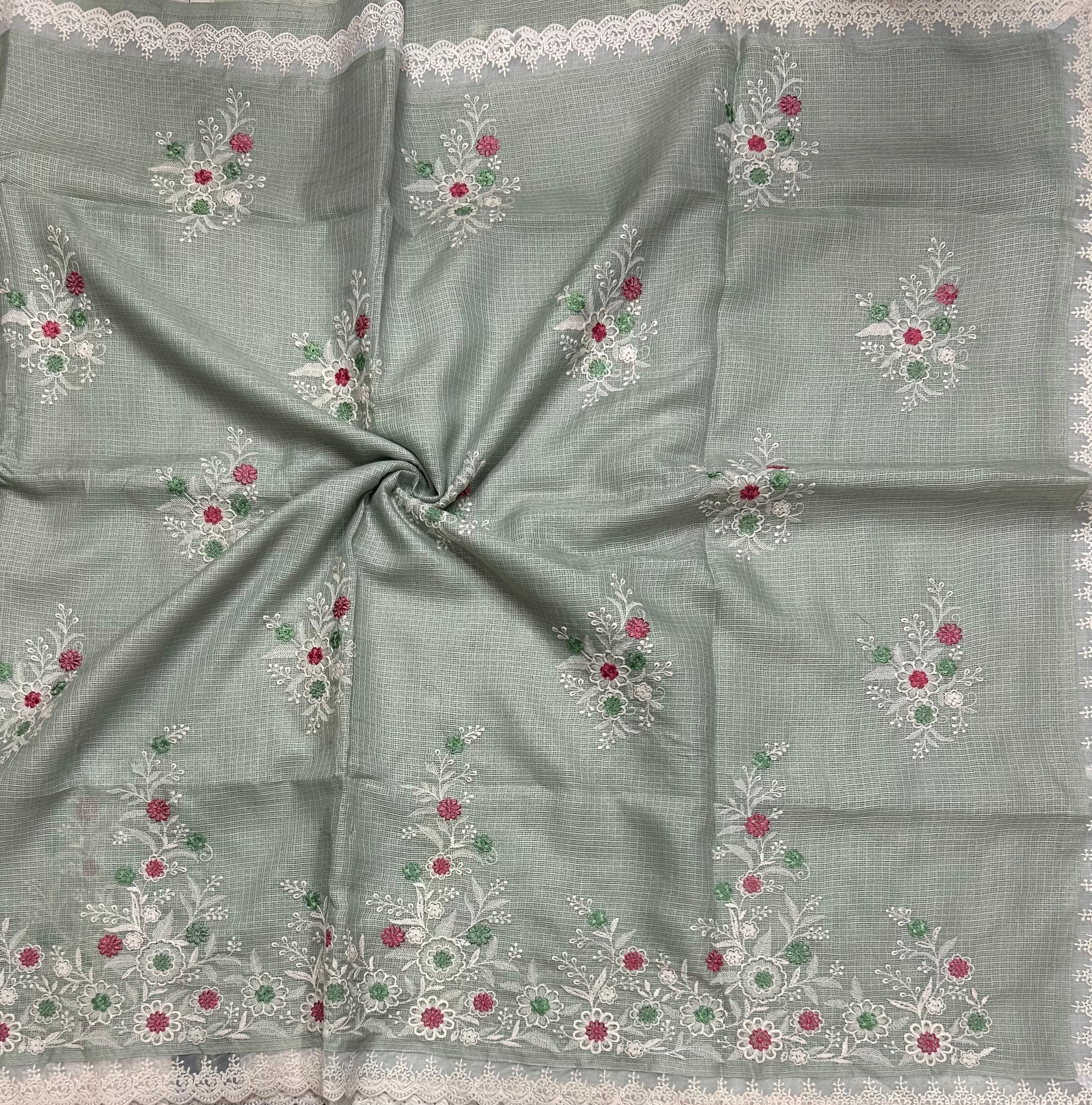 Aqua green embroidery Kota checks 104 saree